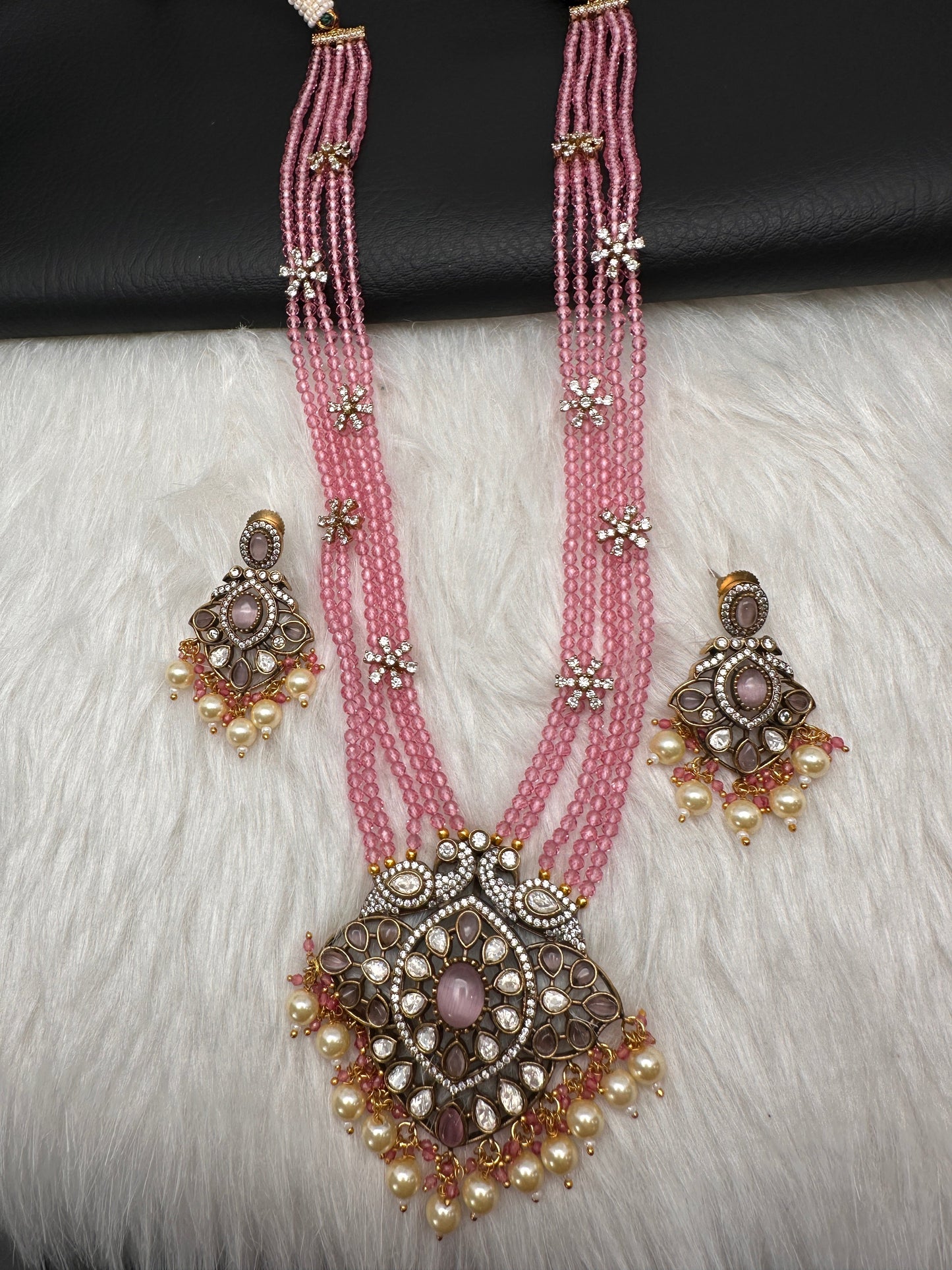 Crystal Beads AD Victorian Color Stone Necklace - Pink