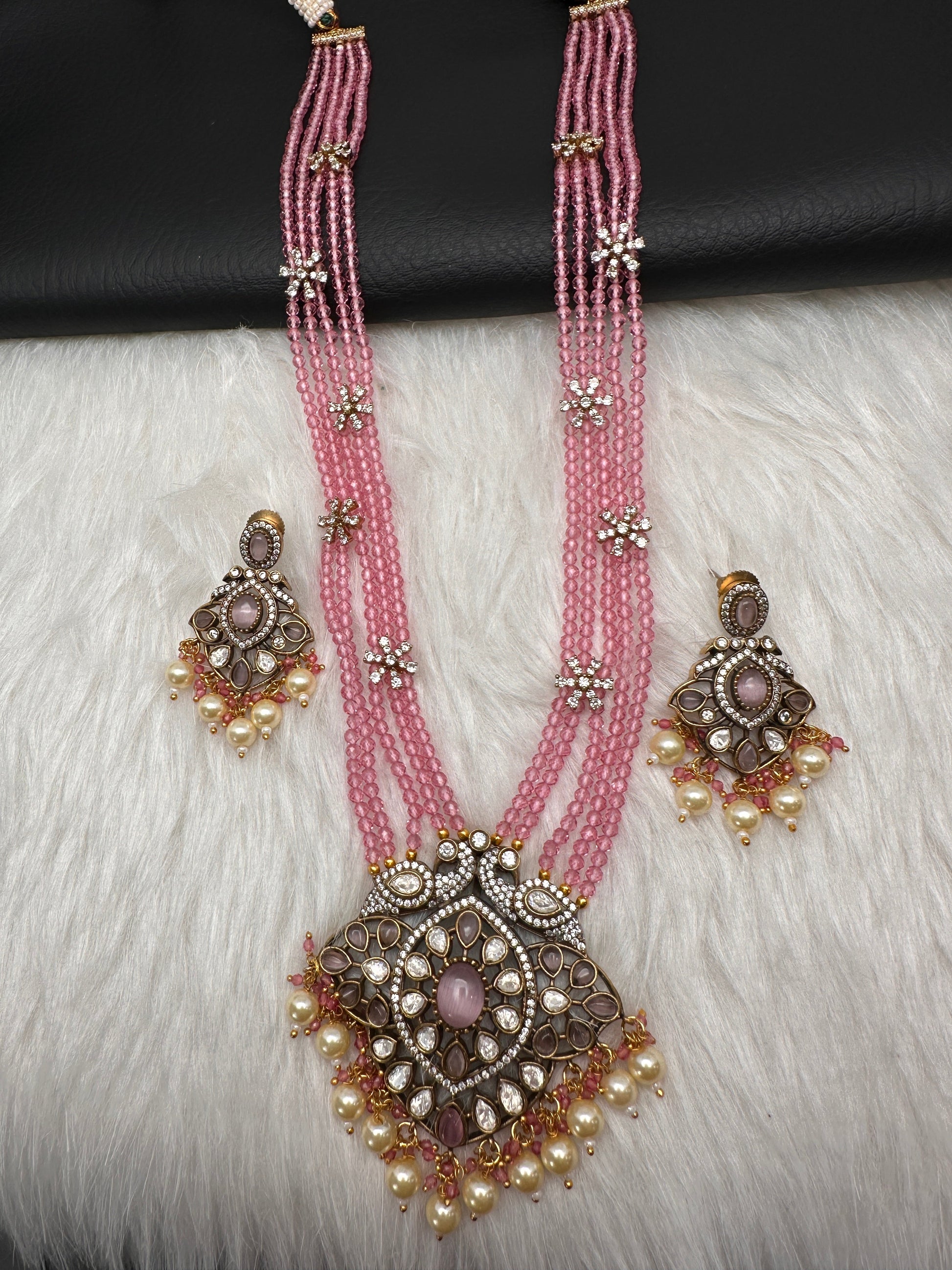 Crystal Beads AD Victorian Color Stone Necklace - Pink