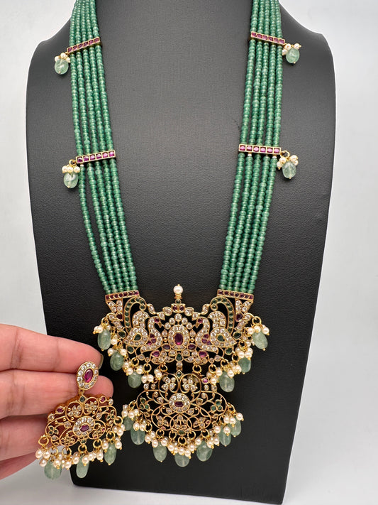 Matte Peacock CZ Green Emerald Beads Long Necklace