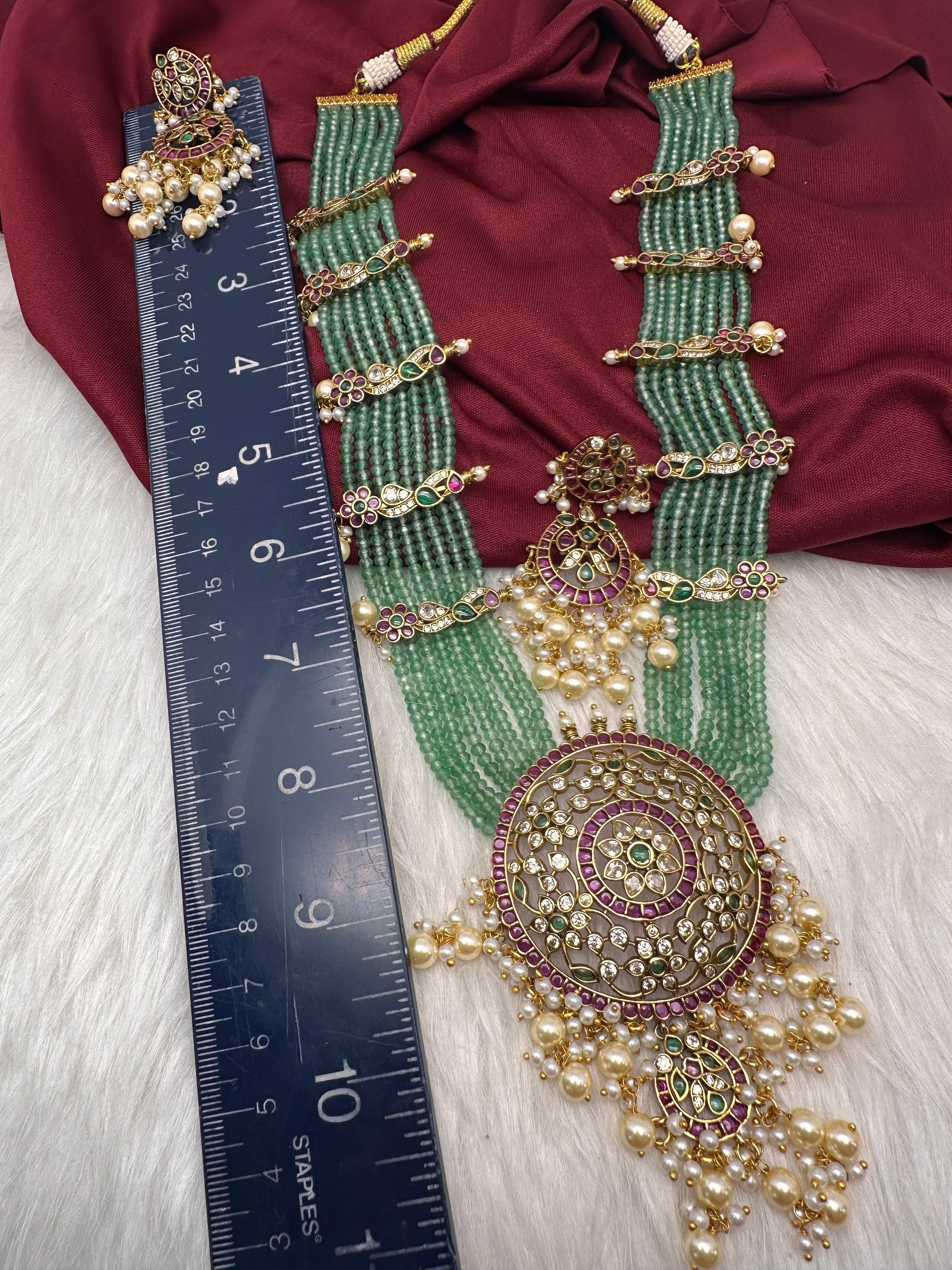 Kempu Beads Mayura Haar Color Stone Necklace - MintGreen