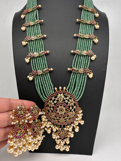 Kempu Beads Mayura Haar Color Stone Necklace - MintGreen