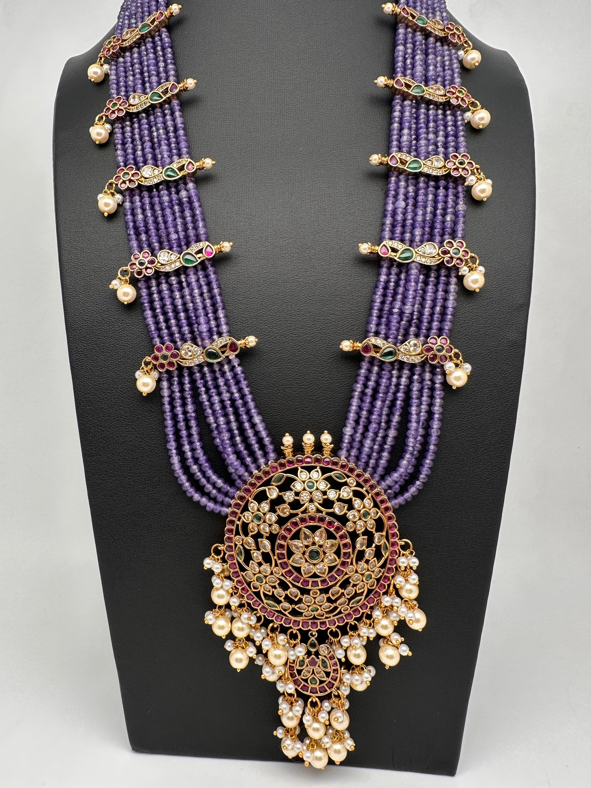 Kempu Beads Mayura Haar Color Stone Necklace - Purple