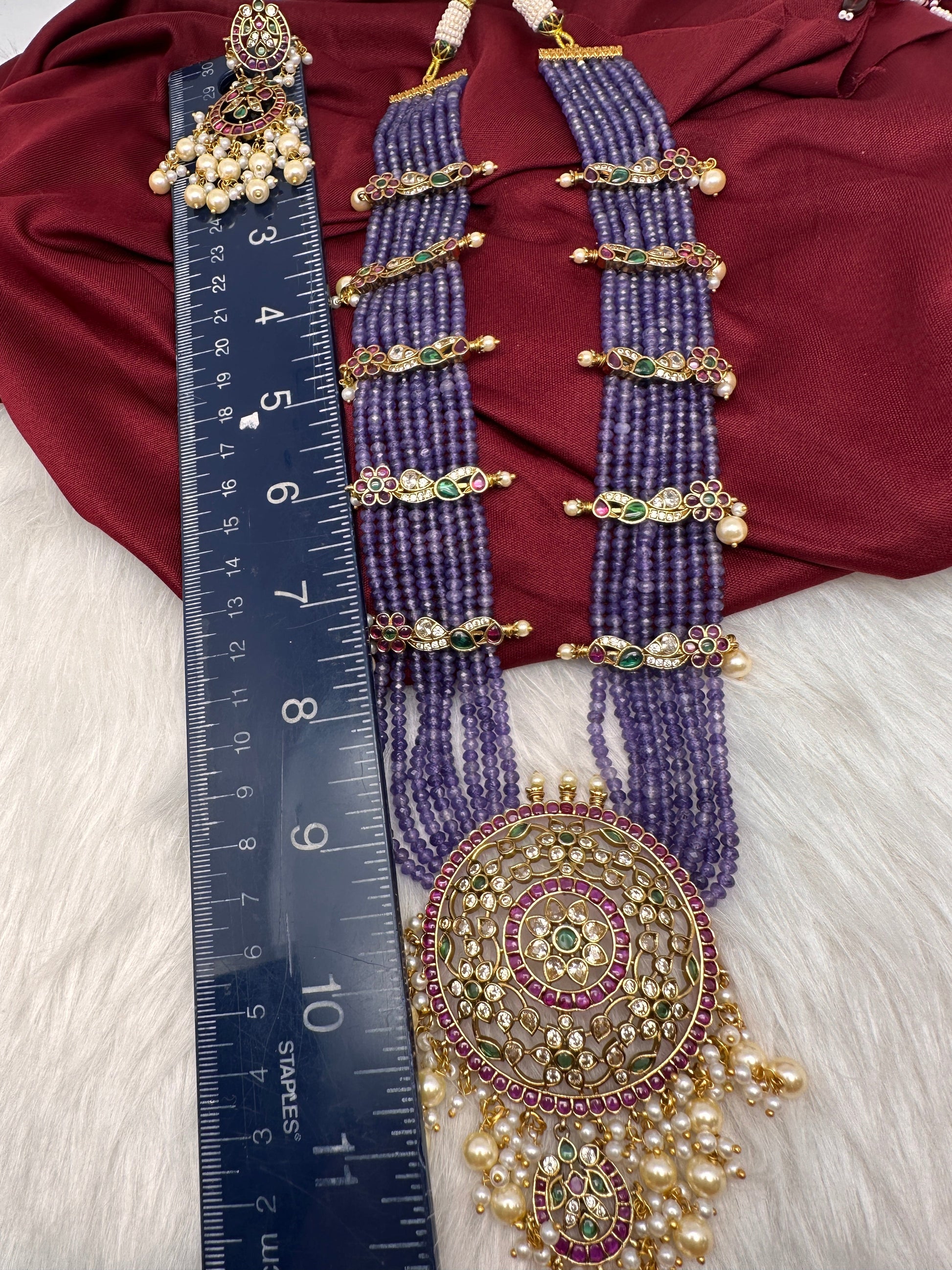 Kempu Beads Mayura Haar Color Stone Necklace - Purple