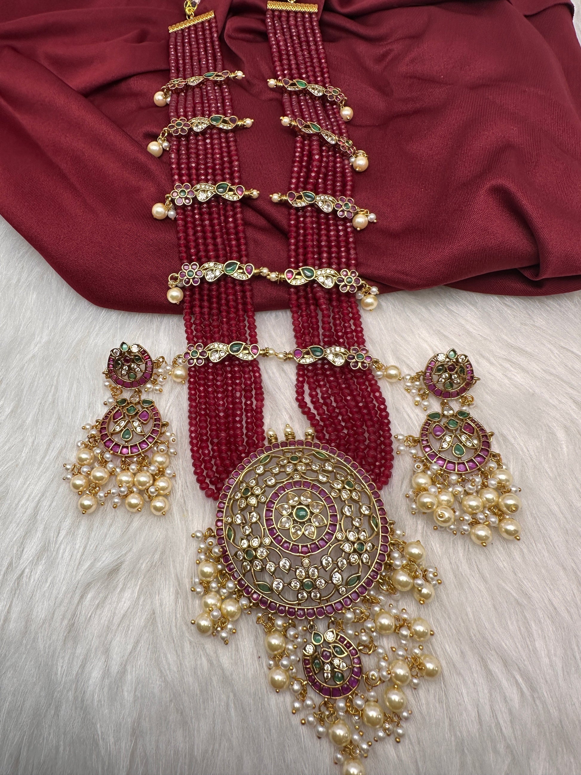 Kempu Beads Mayura Haar Color Stone Necklace - Red