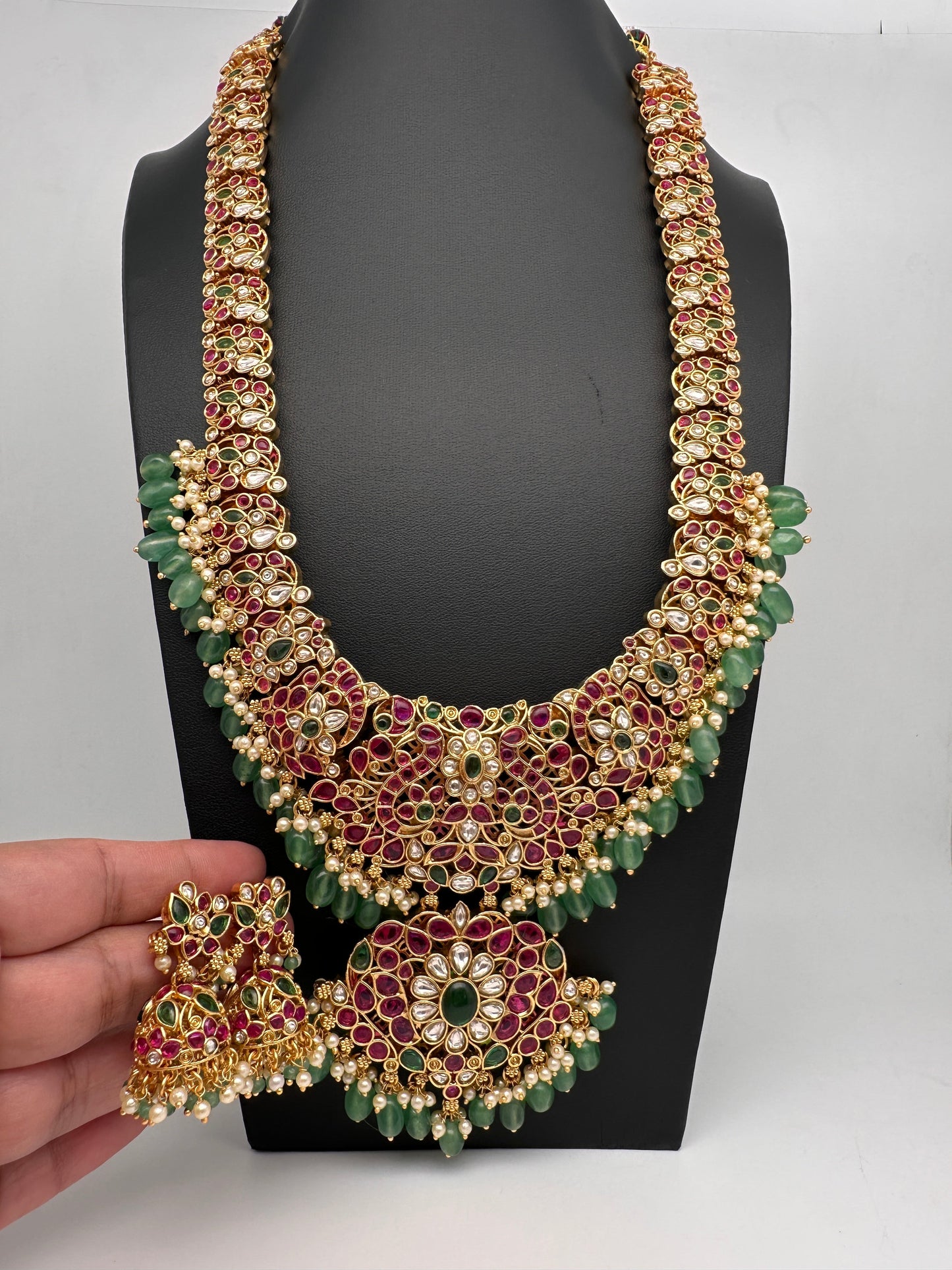 Potta Stones Emerald Beads Pearls Ethnic Long Necklace