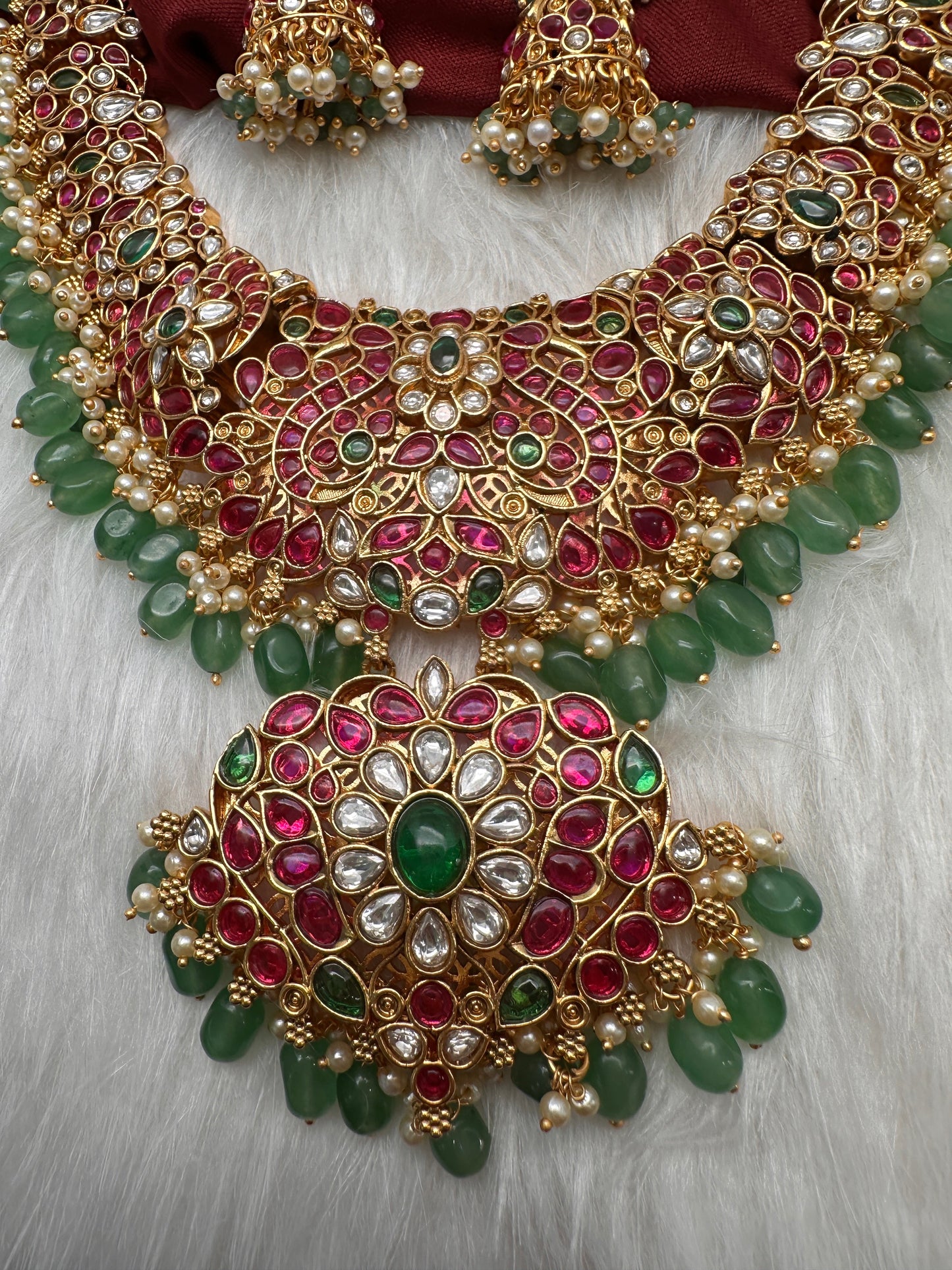 Potta Stones Emerald Beads Pearls Ethnic Long Necklace