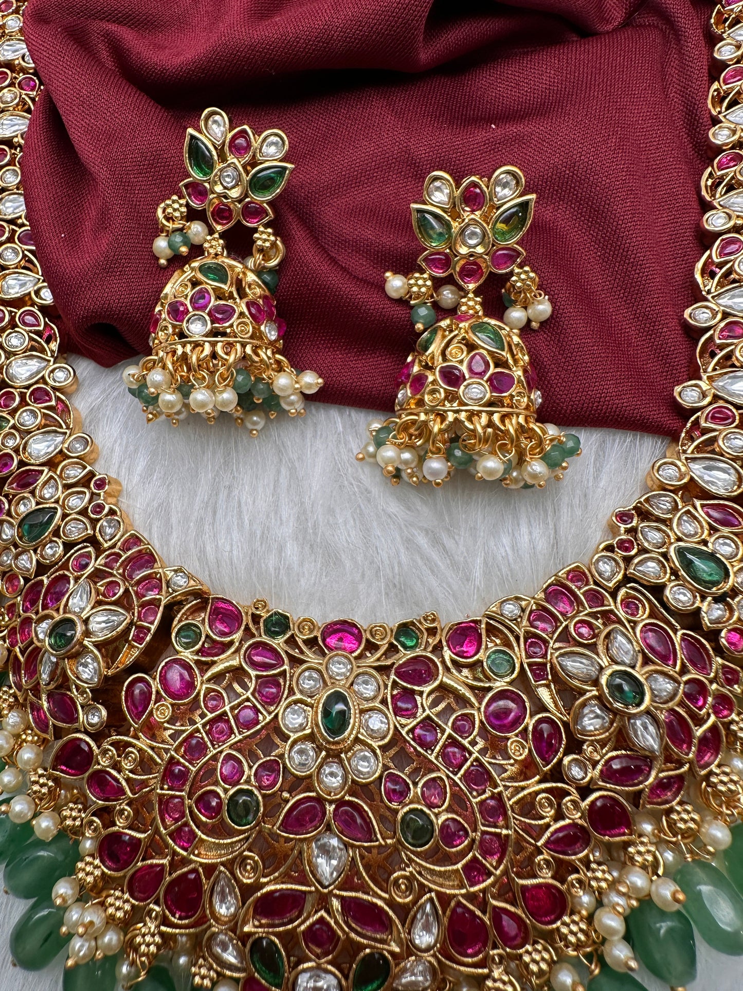 Potta Stones Emerald Beads Pearls Ethnic Long Necklace