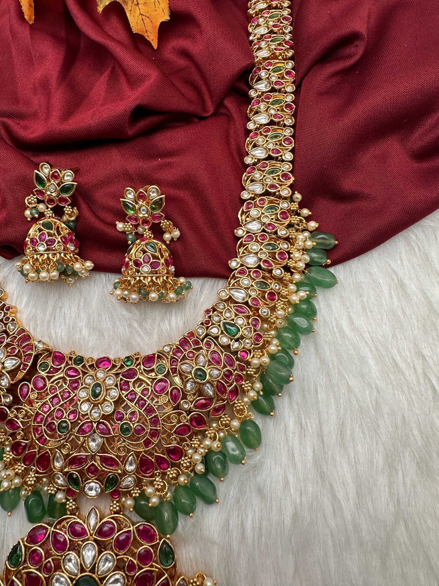 Potta Stones Emerald Beads Pearls Ethnic Long Necklace