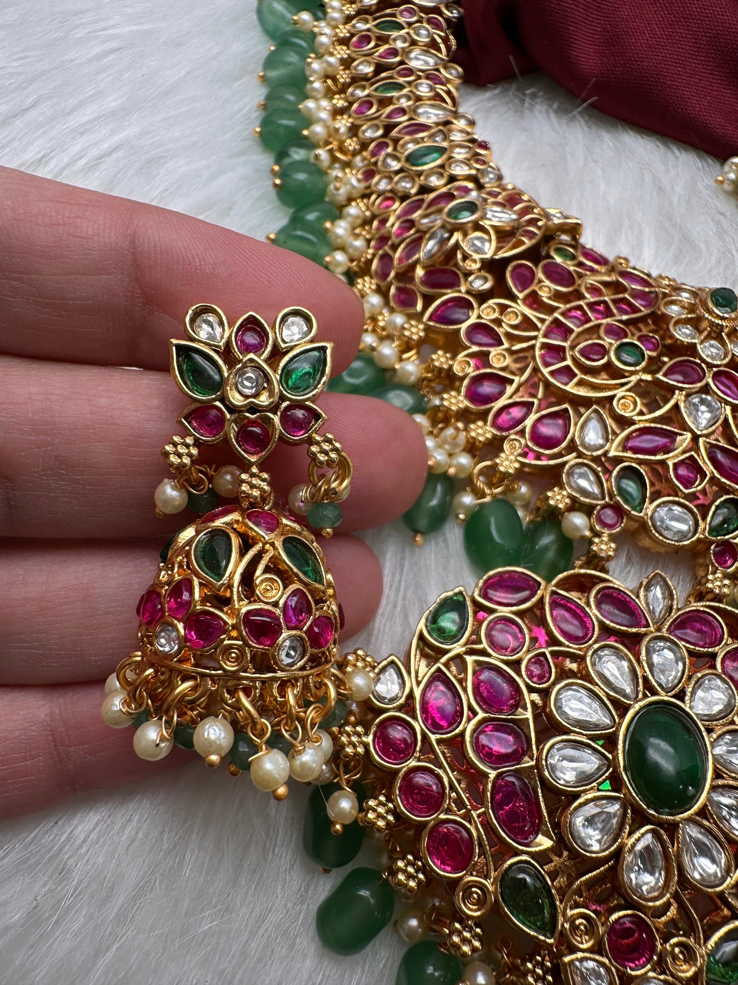 Potta Stones Emerald Beads Pearls Ethnic Long Necklace