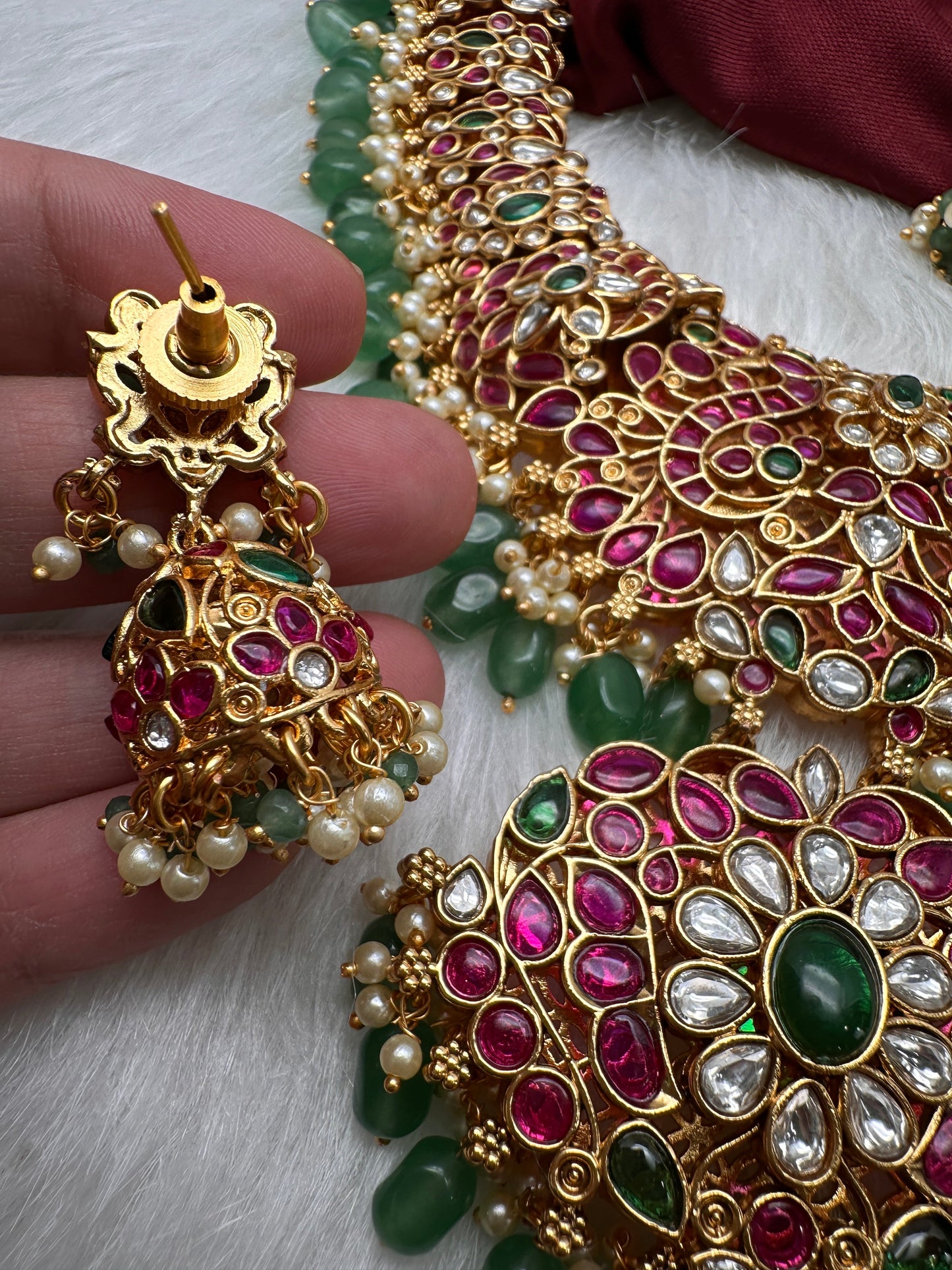 Potta Stones Emerald Beads Pearls Ethnic Long Necklace