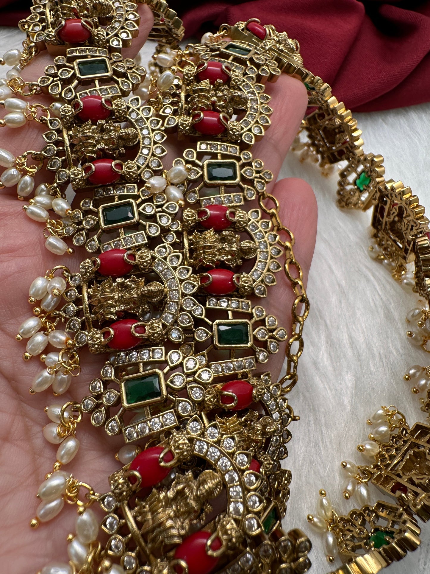 Goddess Lakshmi Rice Pearls Coral Emerald Matte Guttapusalu Necklace