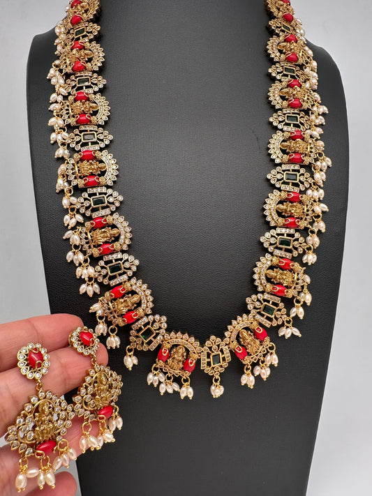 Goddess Lakshmi Rice Pearls Coral Emerald Matte Guttapusalu Necklace