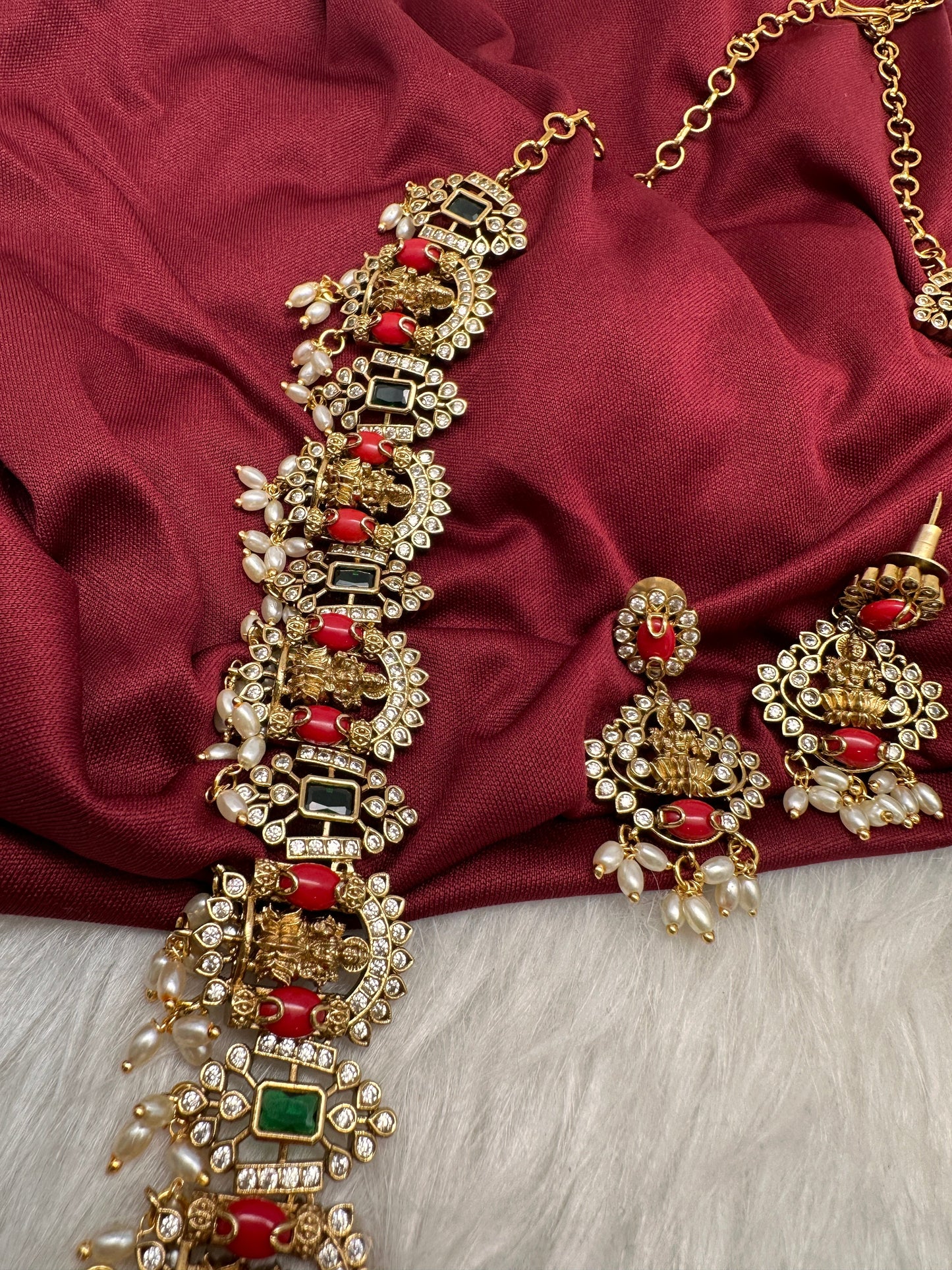 Goddess Lakshmi Rice Pearls Coral Emerald Matte Guttapusalu Necklace