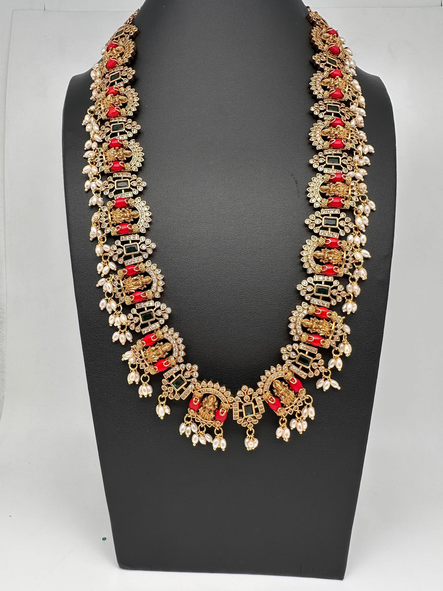 Goddess Lakshmi Rice Pearls Coral Emerald Matte Guttapusalu Necklace