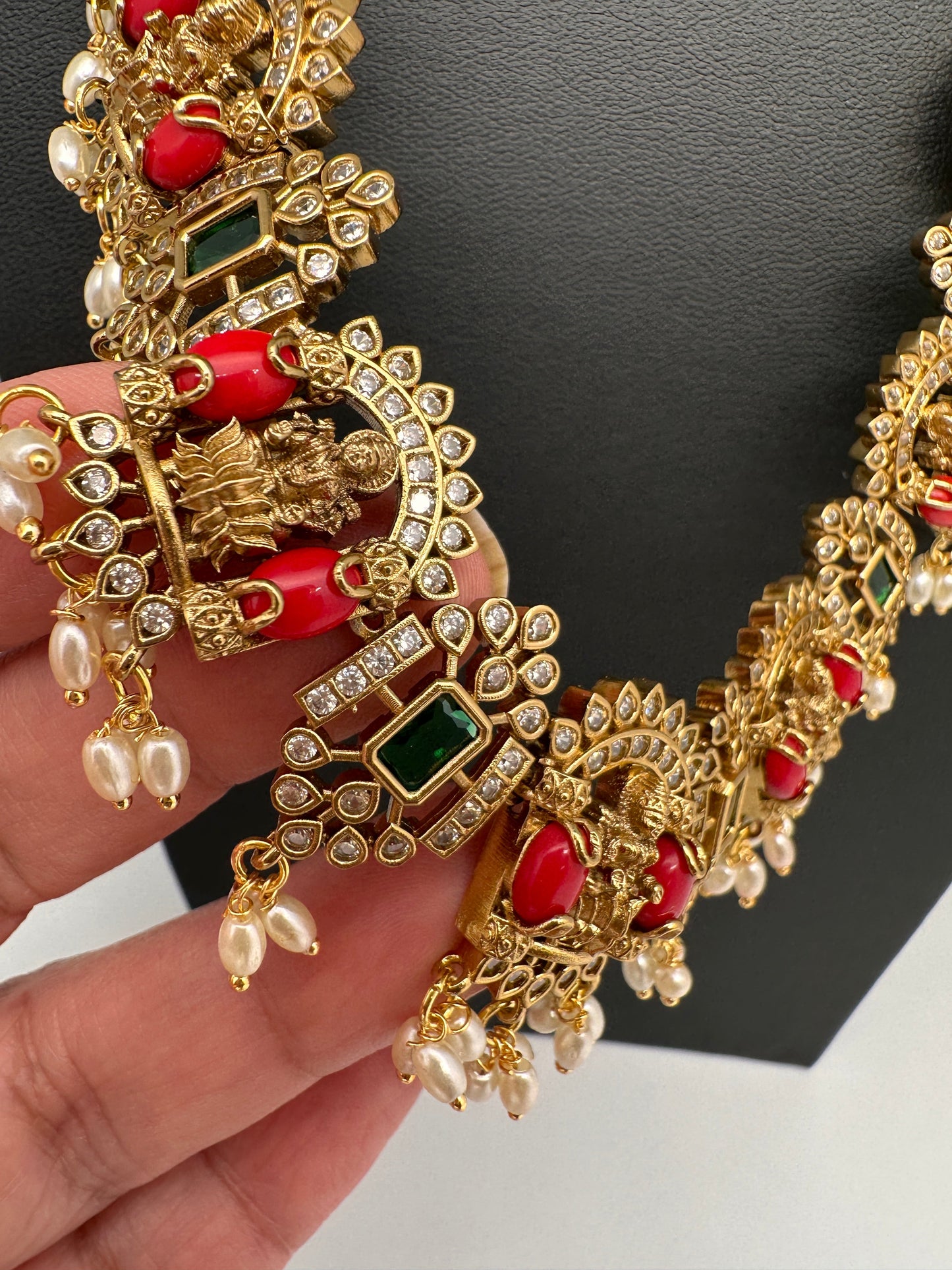 Goddess Lakshmi Rice Pearls Coral Emerald Matte Guttapusalu Necklace