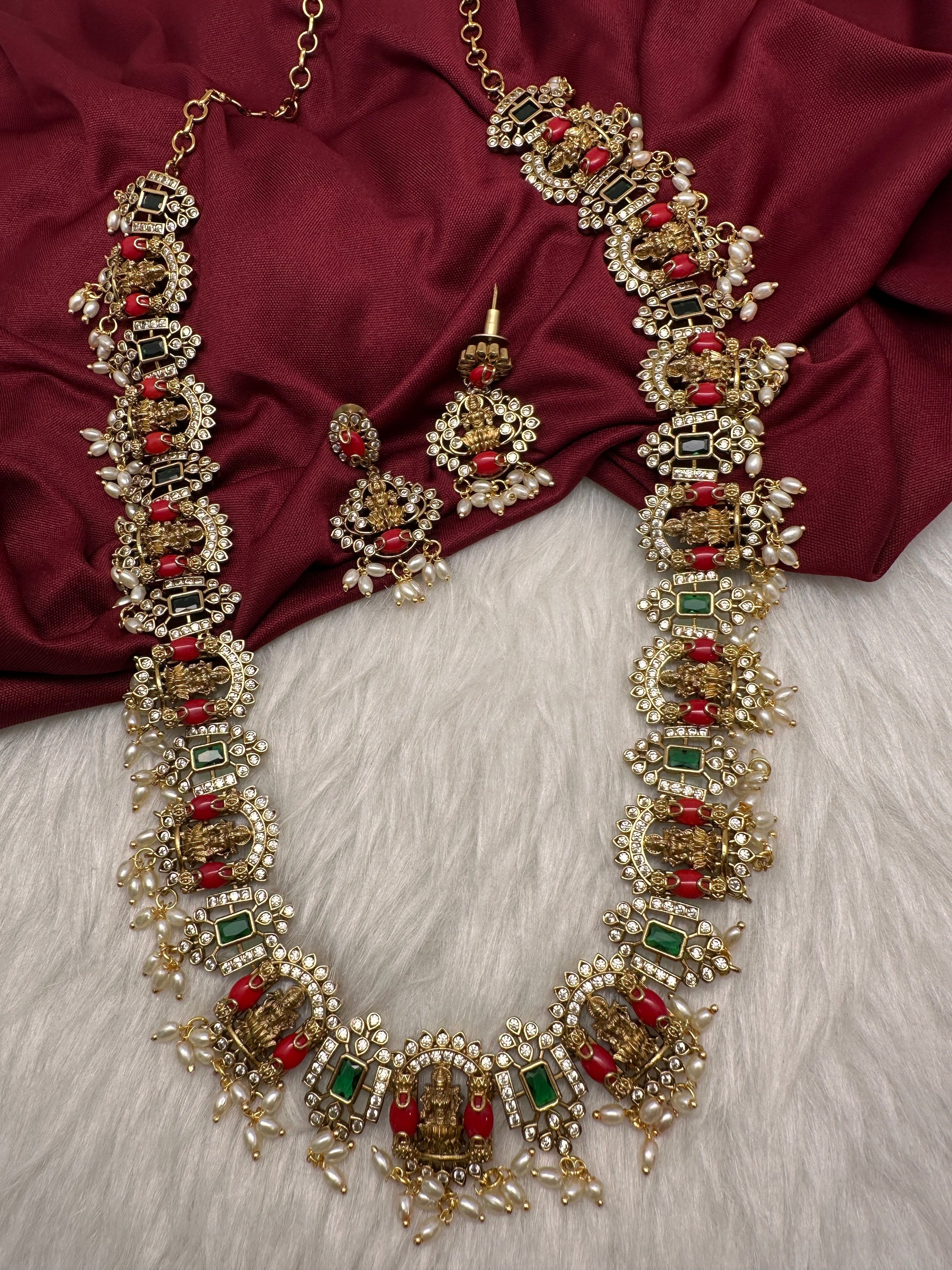 Goddess Lakshmi Rice Pearls Coral Emerald Matte Guttapusalu Necklace