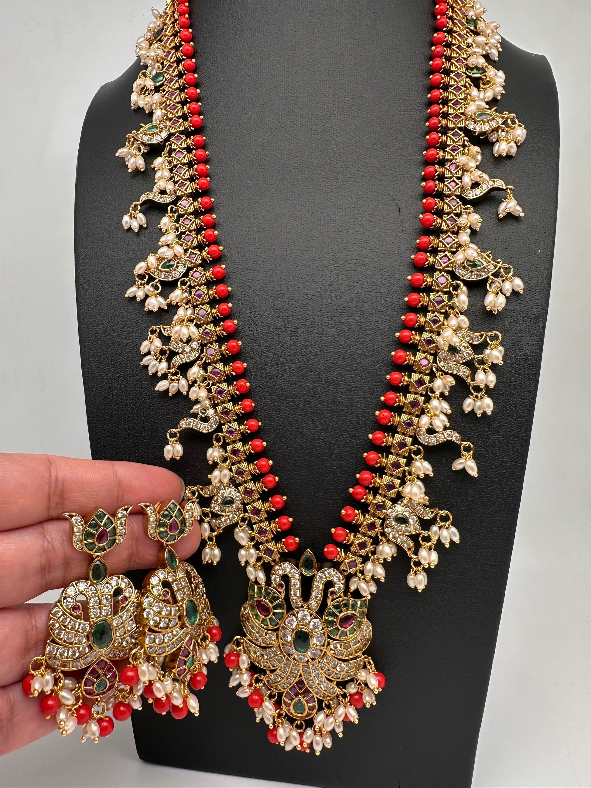 Mango Kempu Rice Pearls Matte Guttapusalu Long Necklace - Coral