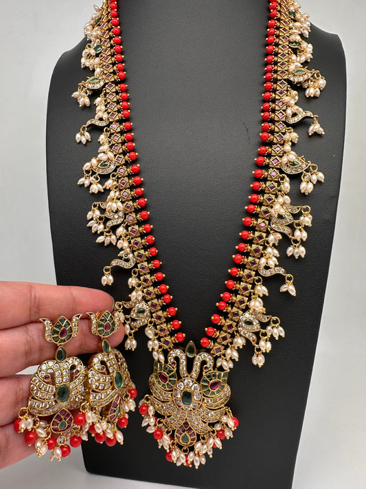 Mango Kempu Rice Pearls Matte Guttapusalu Long Necklace - Coral