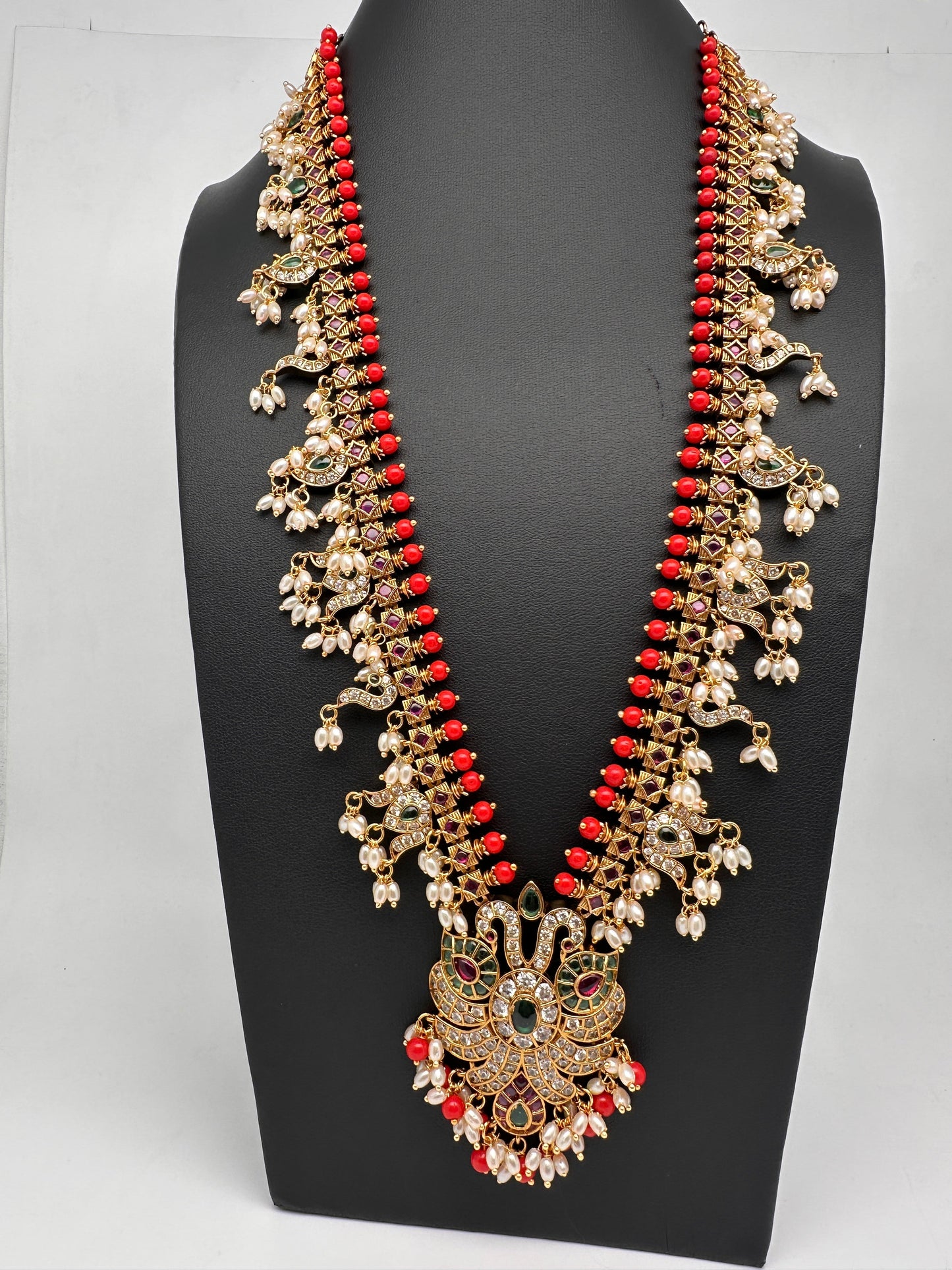 Mango Kempu Rice Pearls Matte Guttapusalu Long Necklace - Coral