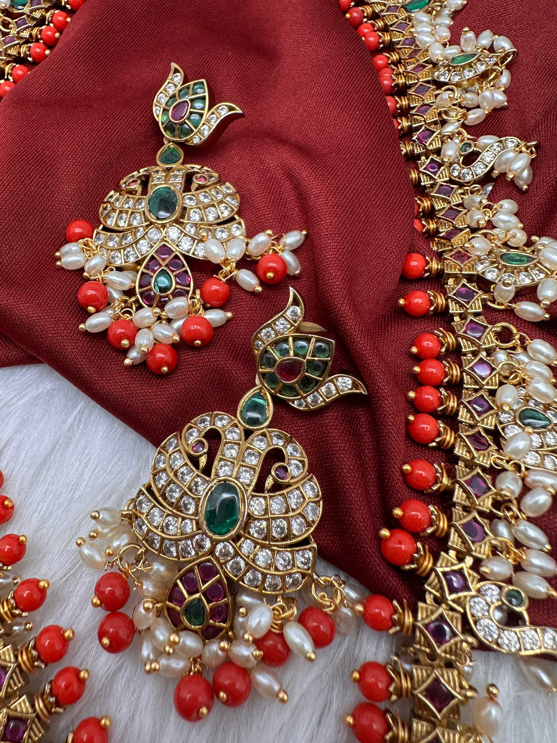 Mango Kempu Rice Pearls Matte Guttapusalu Long Necklace - Coral