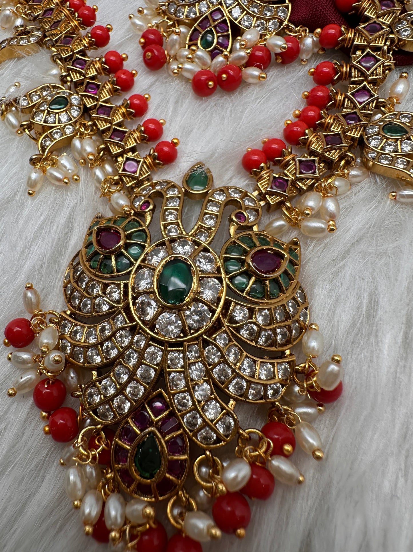 Mango Kempu Rice Pearls Matte Guttapusalu Long Necklace - Coral