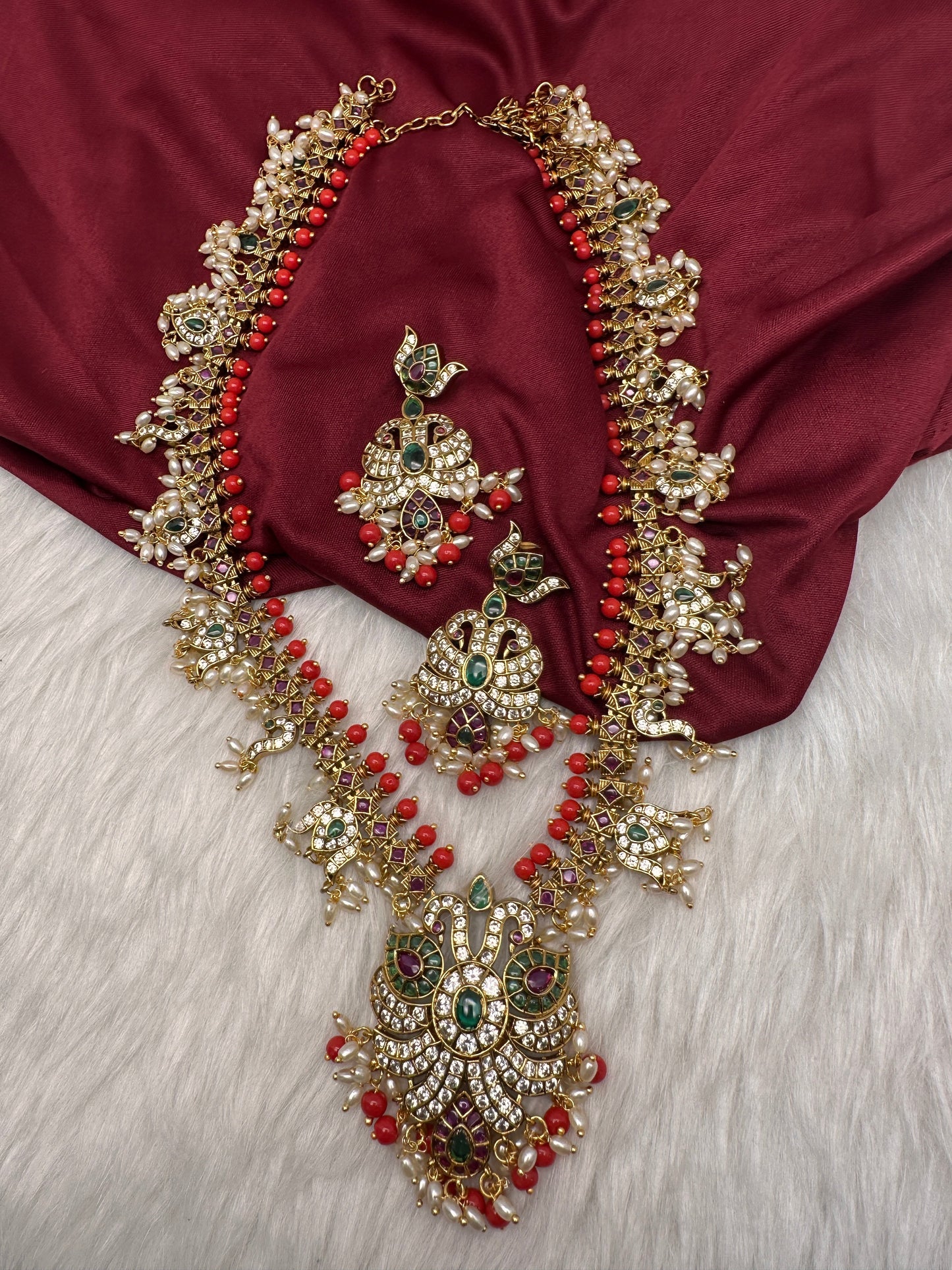 Mango Kempu Rice Pearls Matte Guttapusalu Long Necklace - Coral
