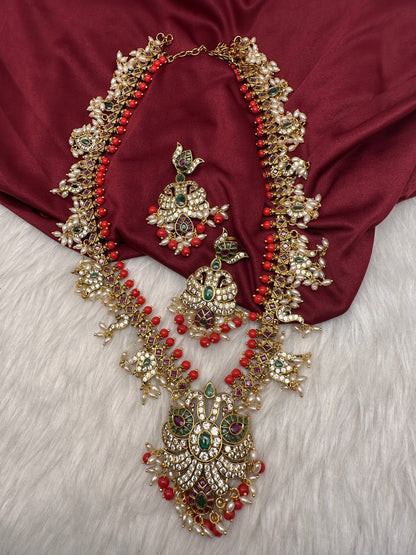 Mango Kempu Rice Pearls Matte Guttapusalu Long Necklace - Coral