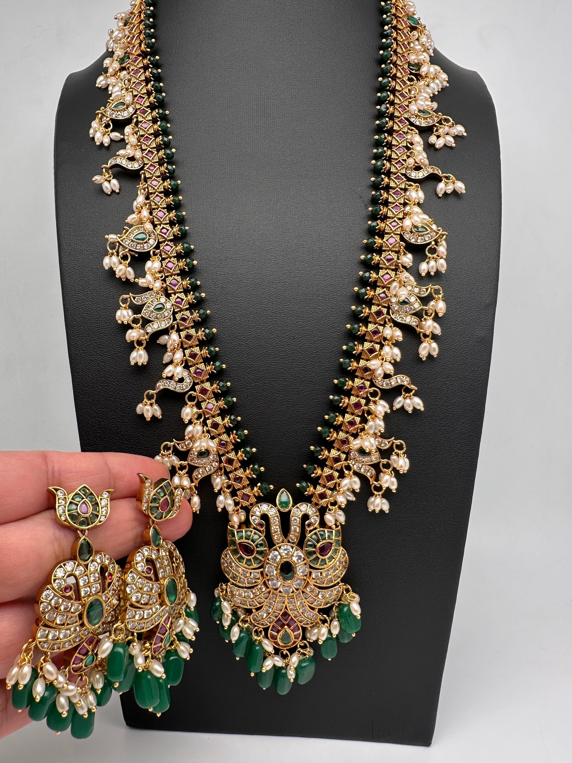 Mango Kempu Rice Pearls Matte Guttapusalu Long Necklace - Green