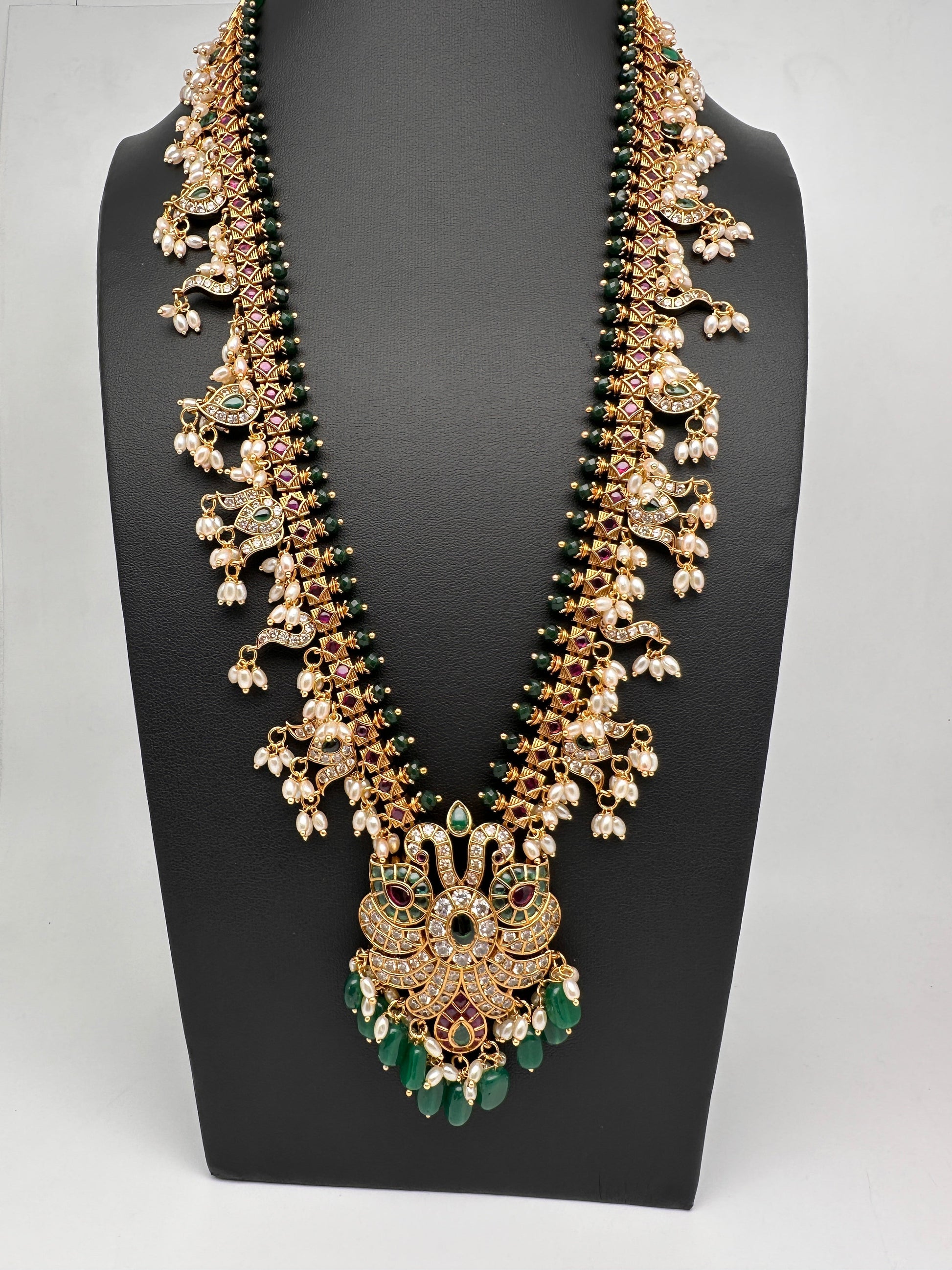 Mango Kempu Rice Pearls Matte Guttapusalu Long Necklace - Green