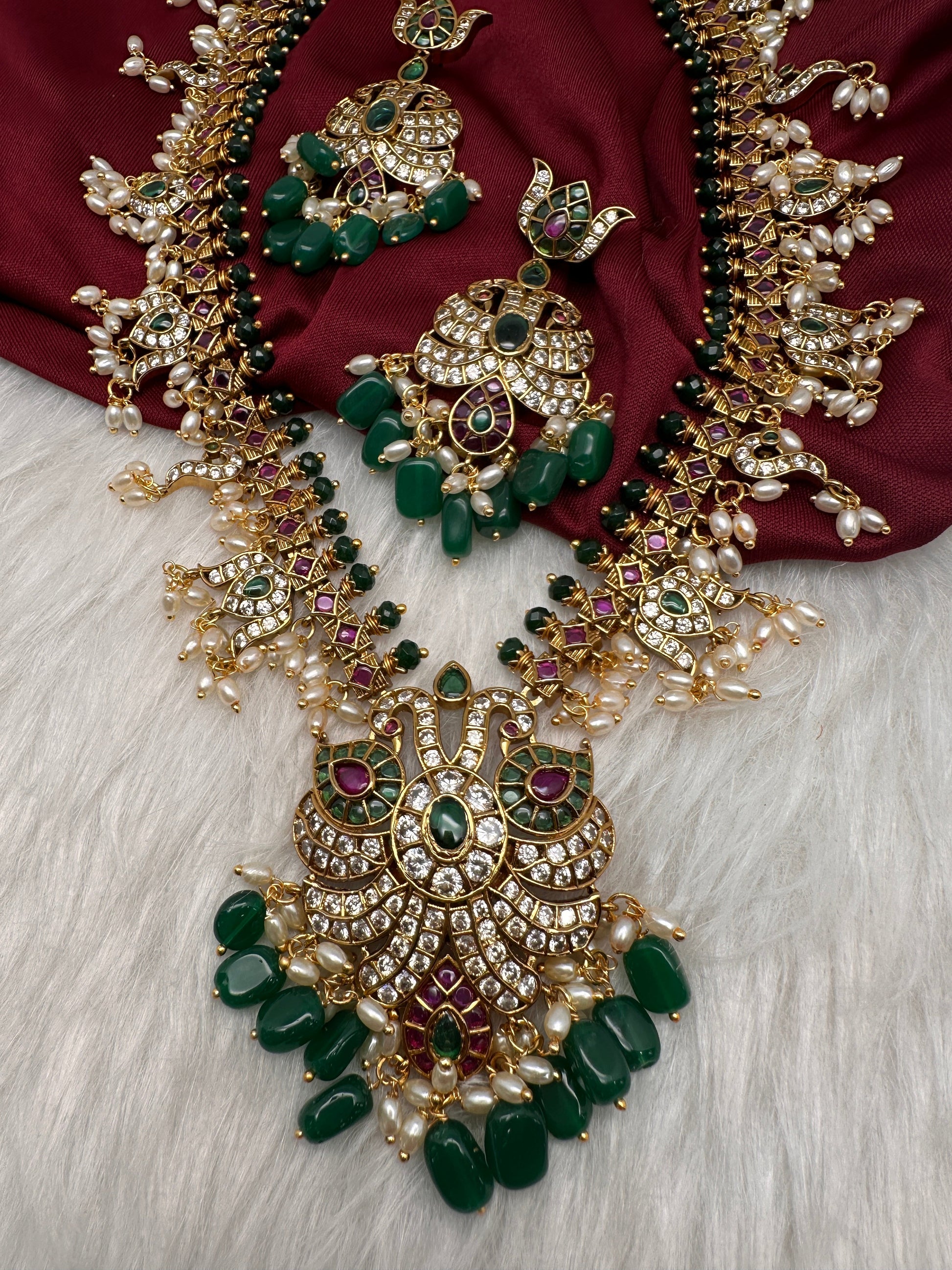 Mango Kempu Rice Pearls Matte Guttapusalu Long Necklace - Green