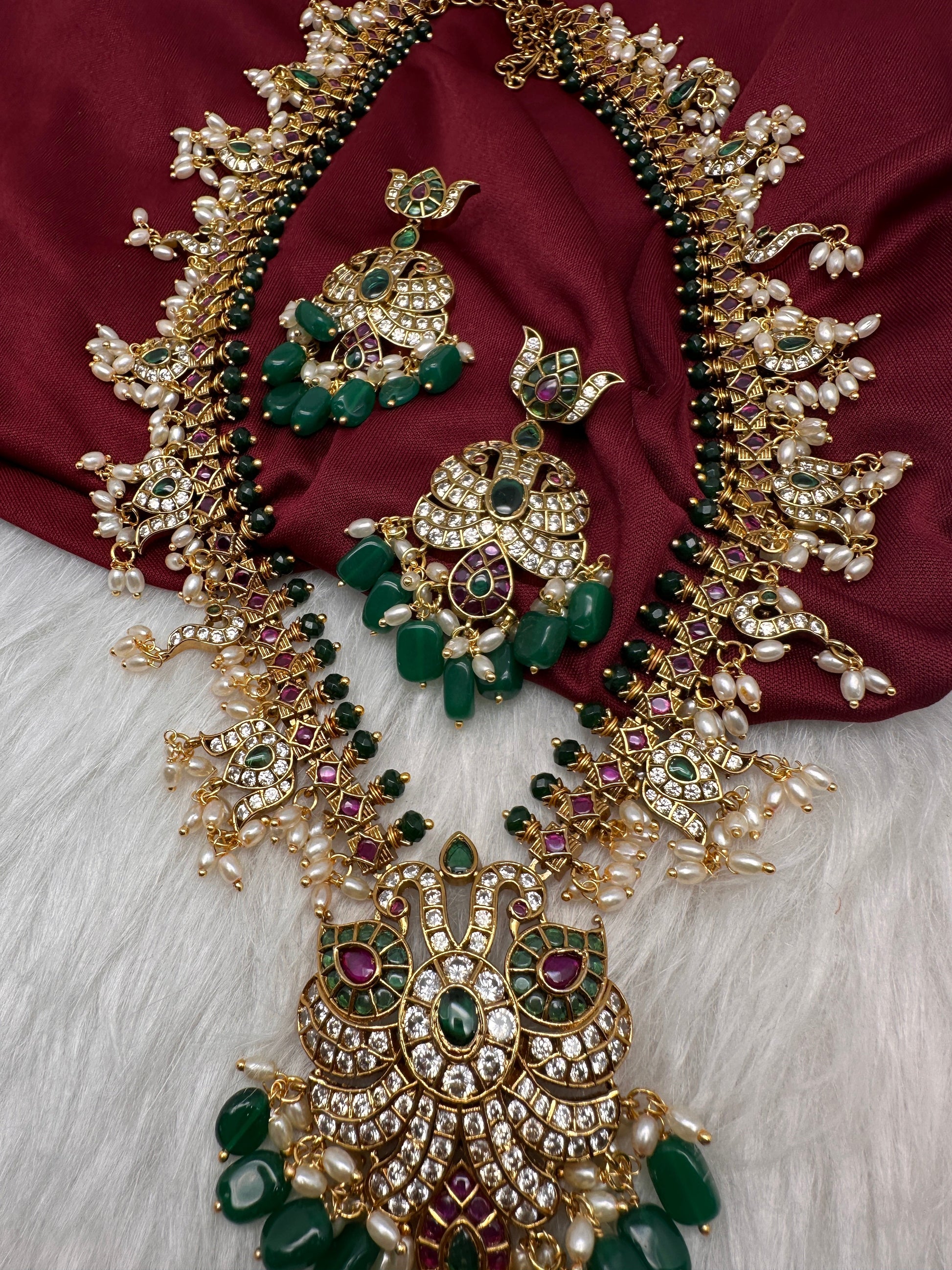 Mango Kempu Rice Pearls Matte Guttapusalu Long Necklace - Green
