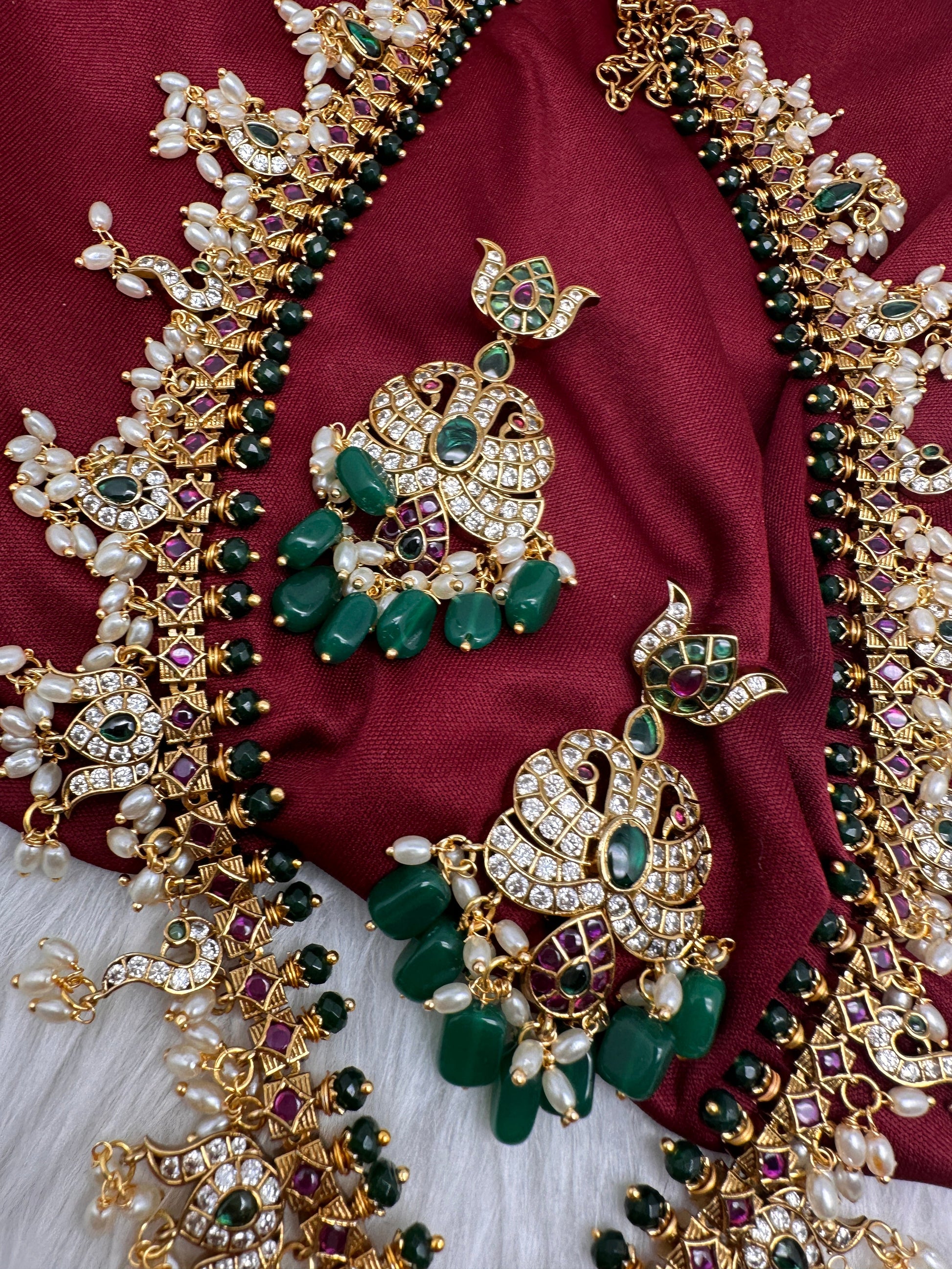 Mango Kempu Rice Pearls Matte Guttapusalu Long Necklace - Green
