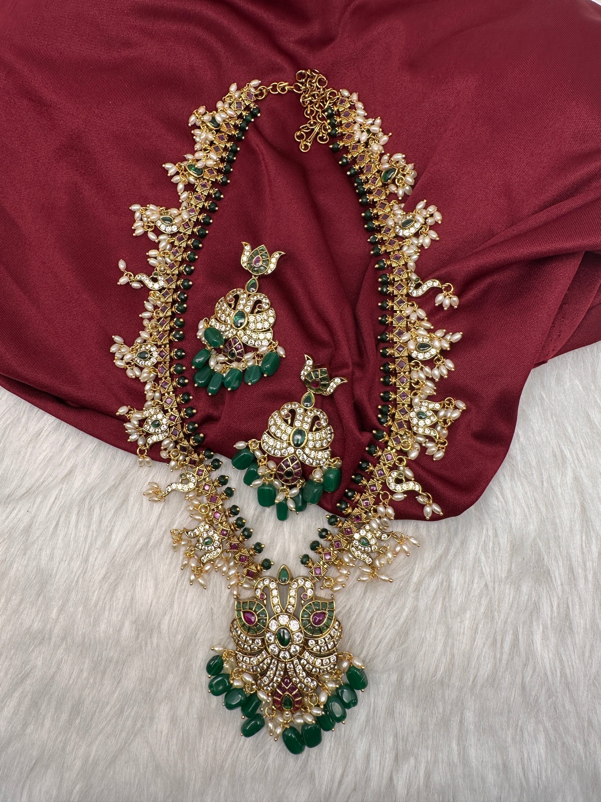 Mango Kempu Rice Pearls Matte Guttapusalu Long Necklace - Green