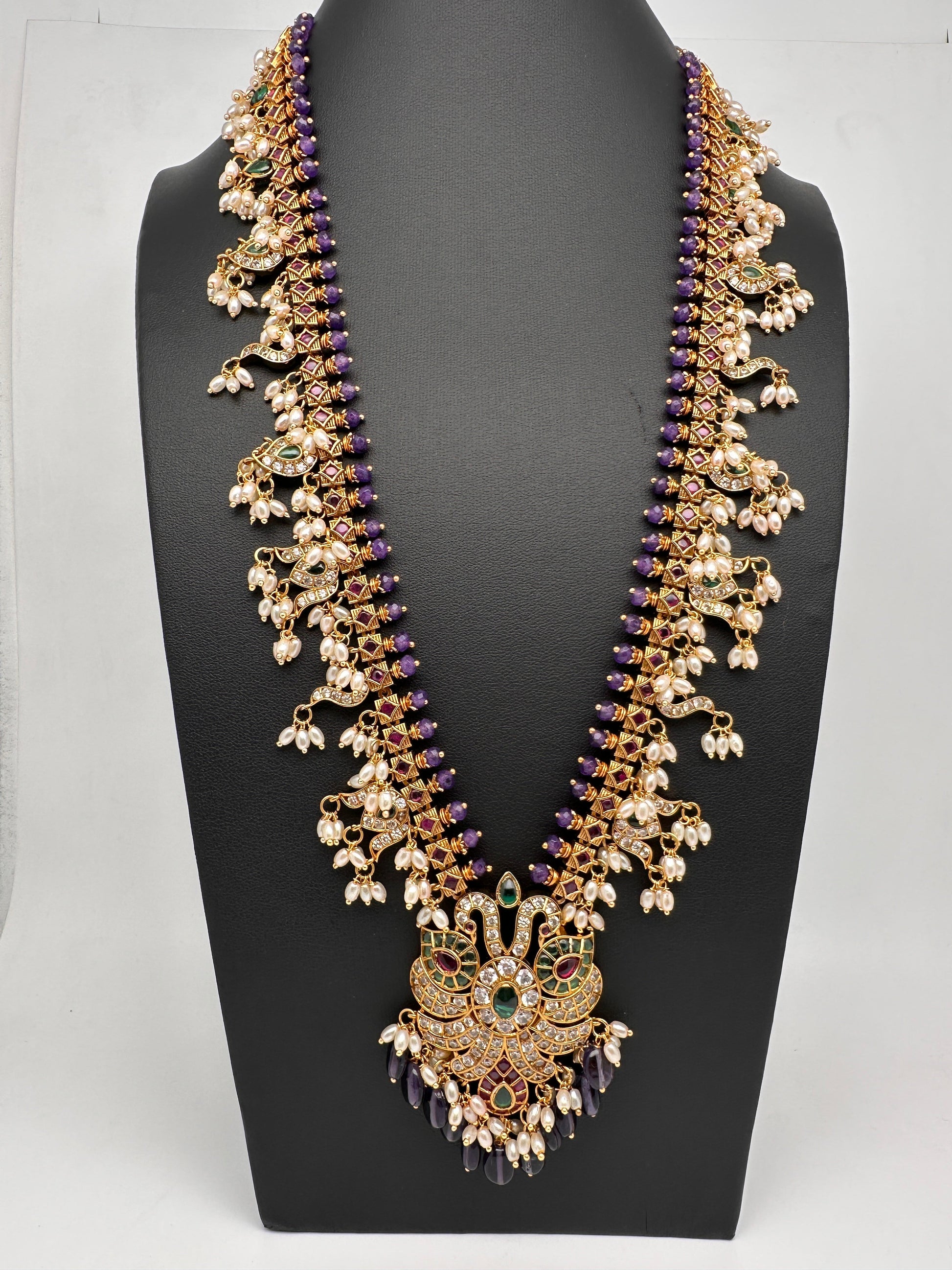 Mango Kempu Rice Pearls Matte Guttapusalu Long Necklace - Purple