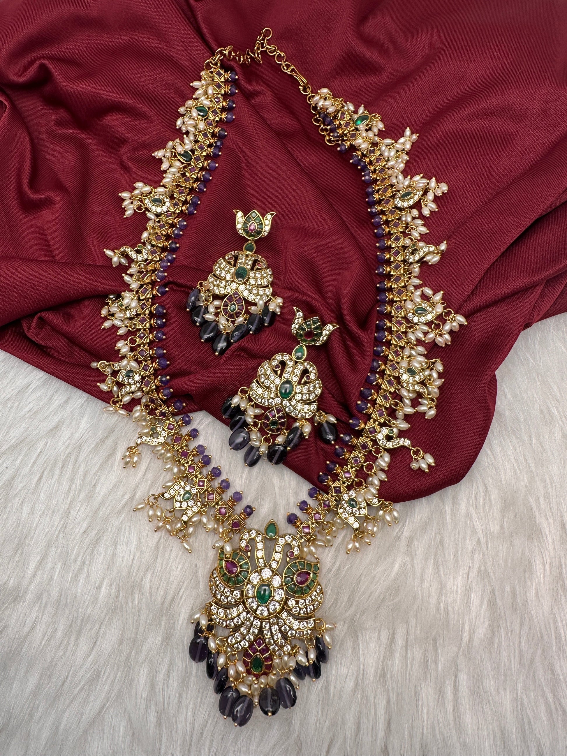 Mango Kempu Rice Pearls Matte Guttapusalu Long Necklace - Purple