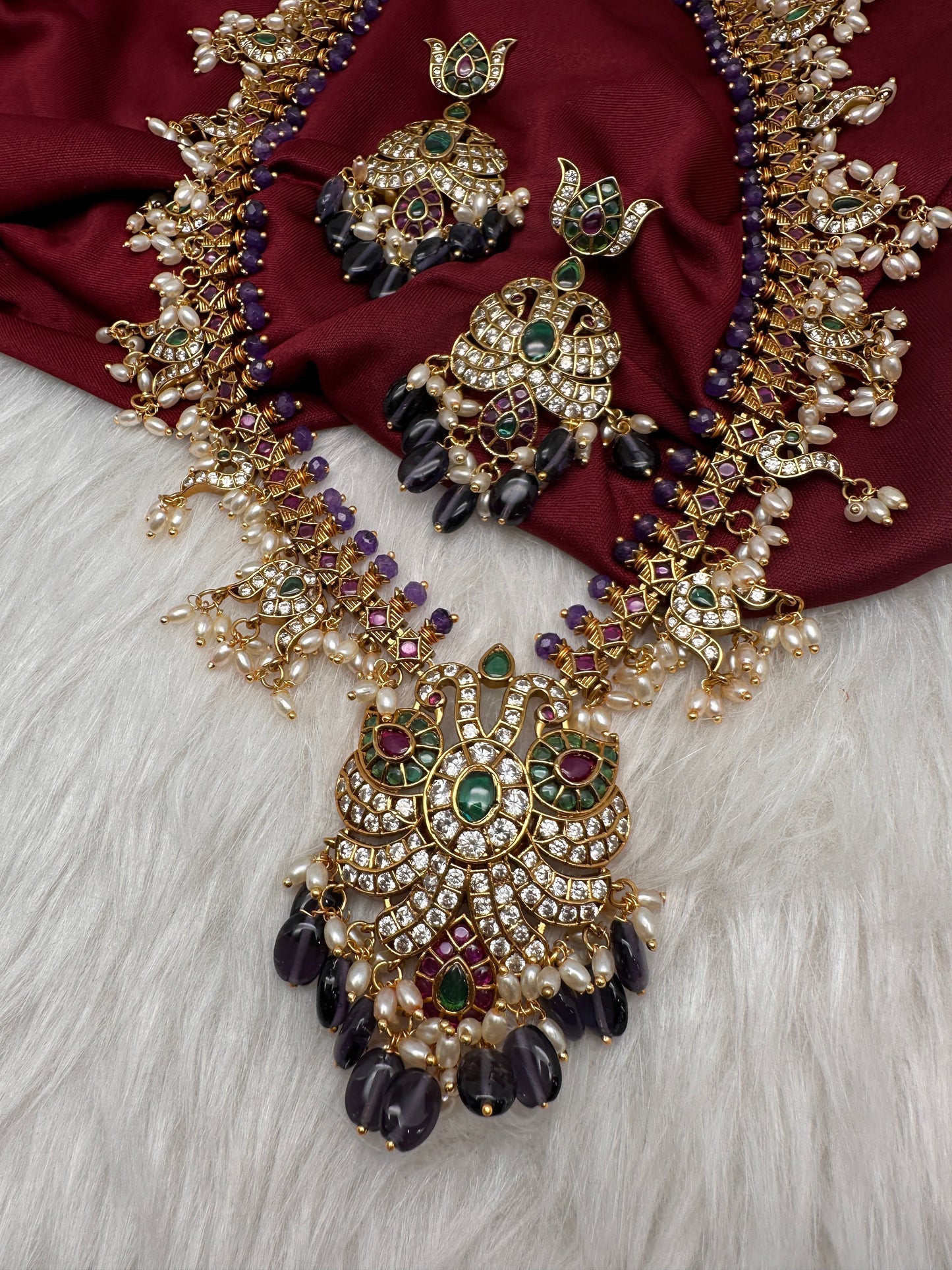 Mango Kempu Rice Pearls Matte Guttapusalu Long Necklace - Purple
