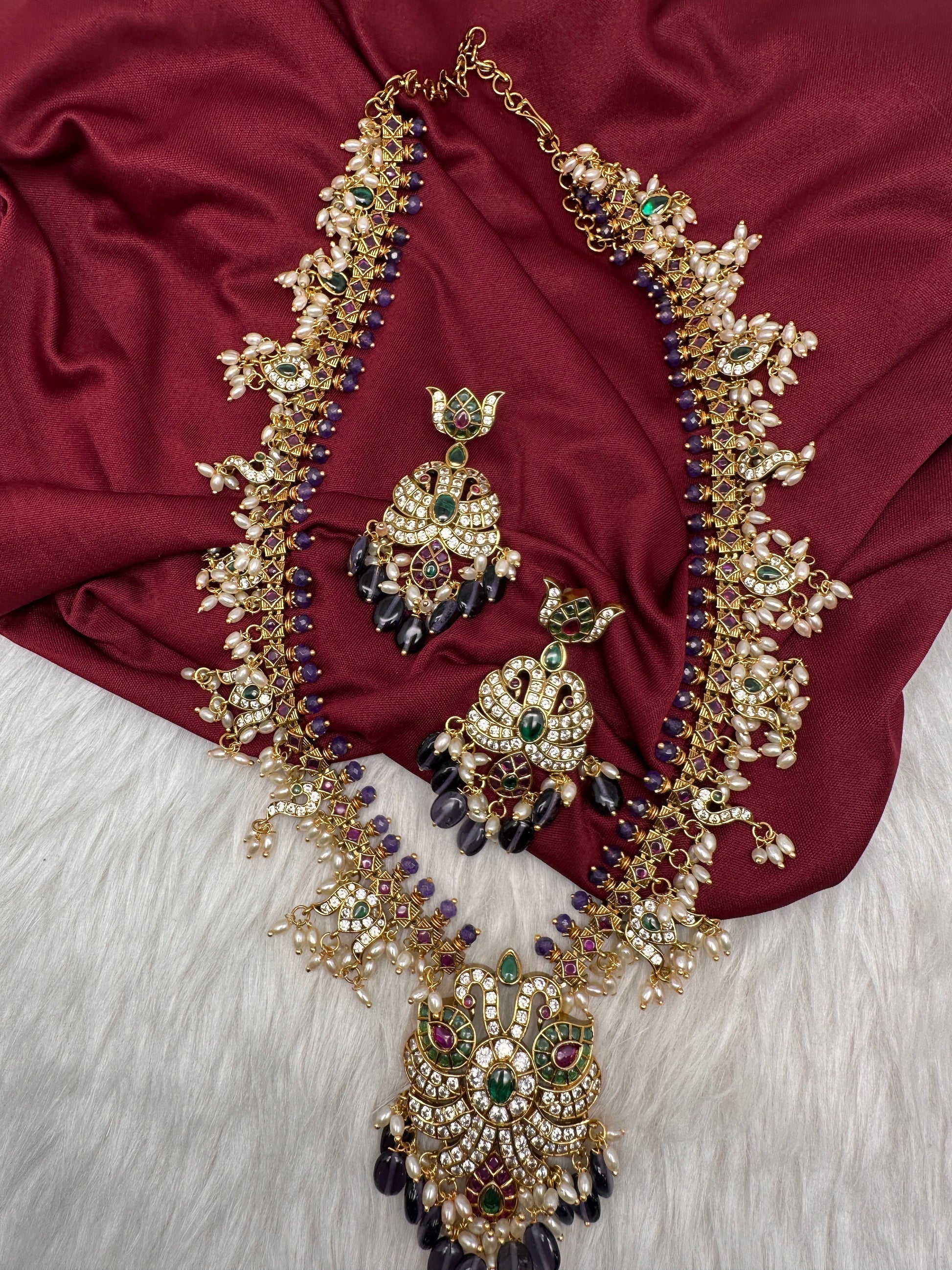 Mango Kempu Rice Pearls Matte Guttapusalu Long Necklace - Purple