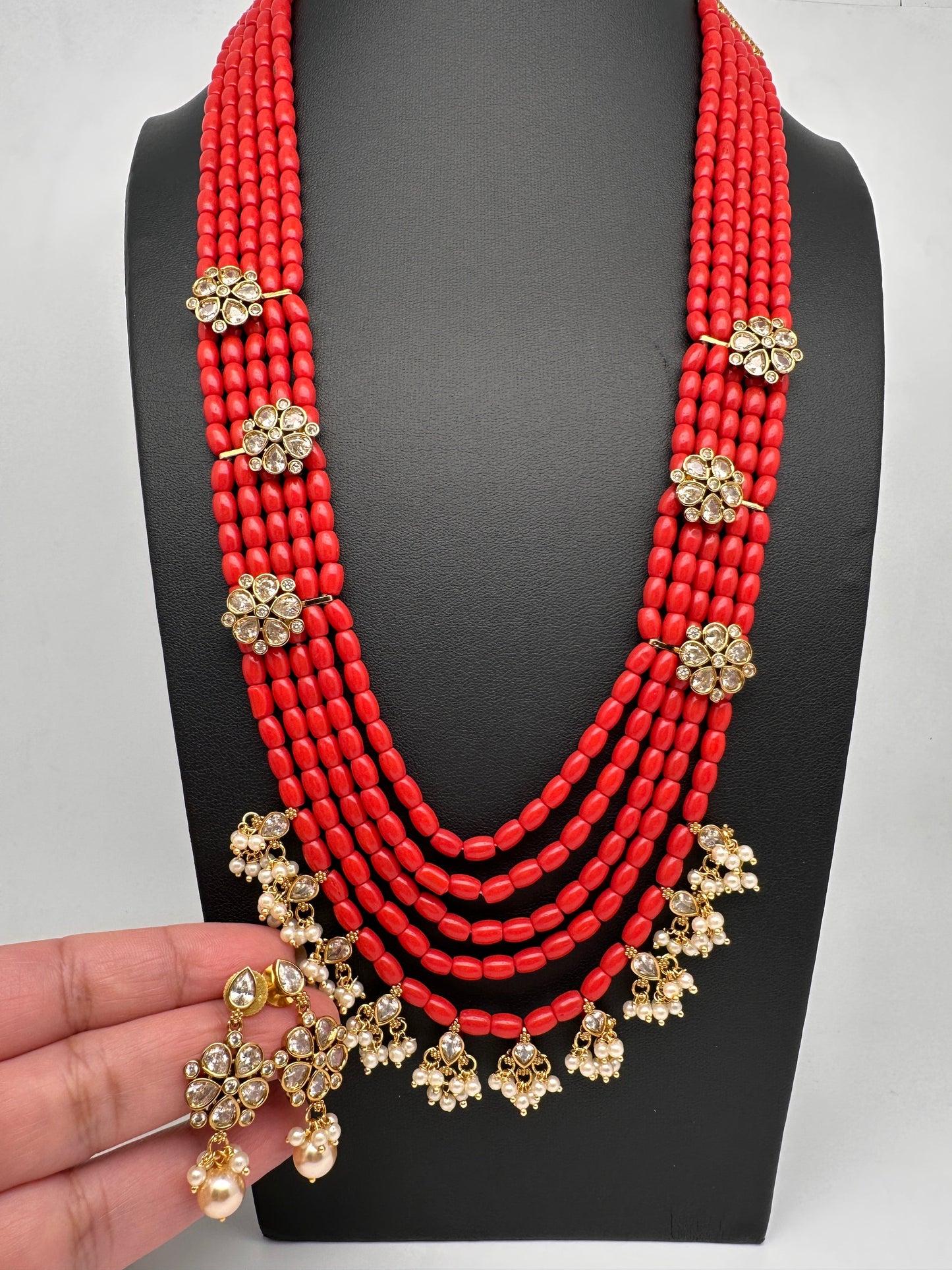 CZ Coral Beads Multi Layer Panch Lada Long Necklace