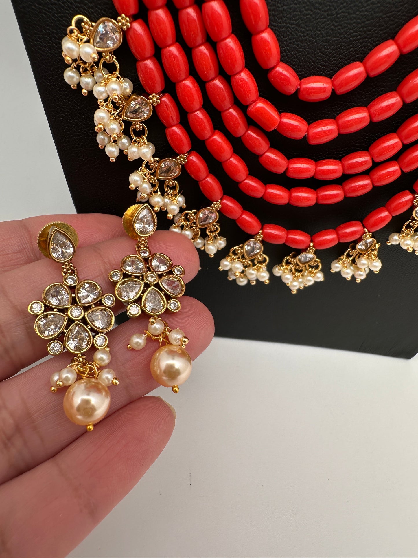 CZ Coral Beads Multi Layer Panch Lada Long Necklace