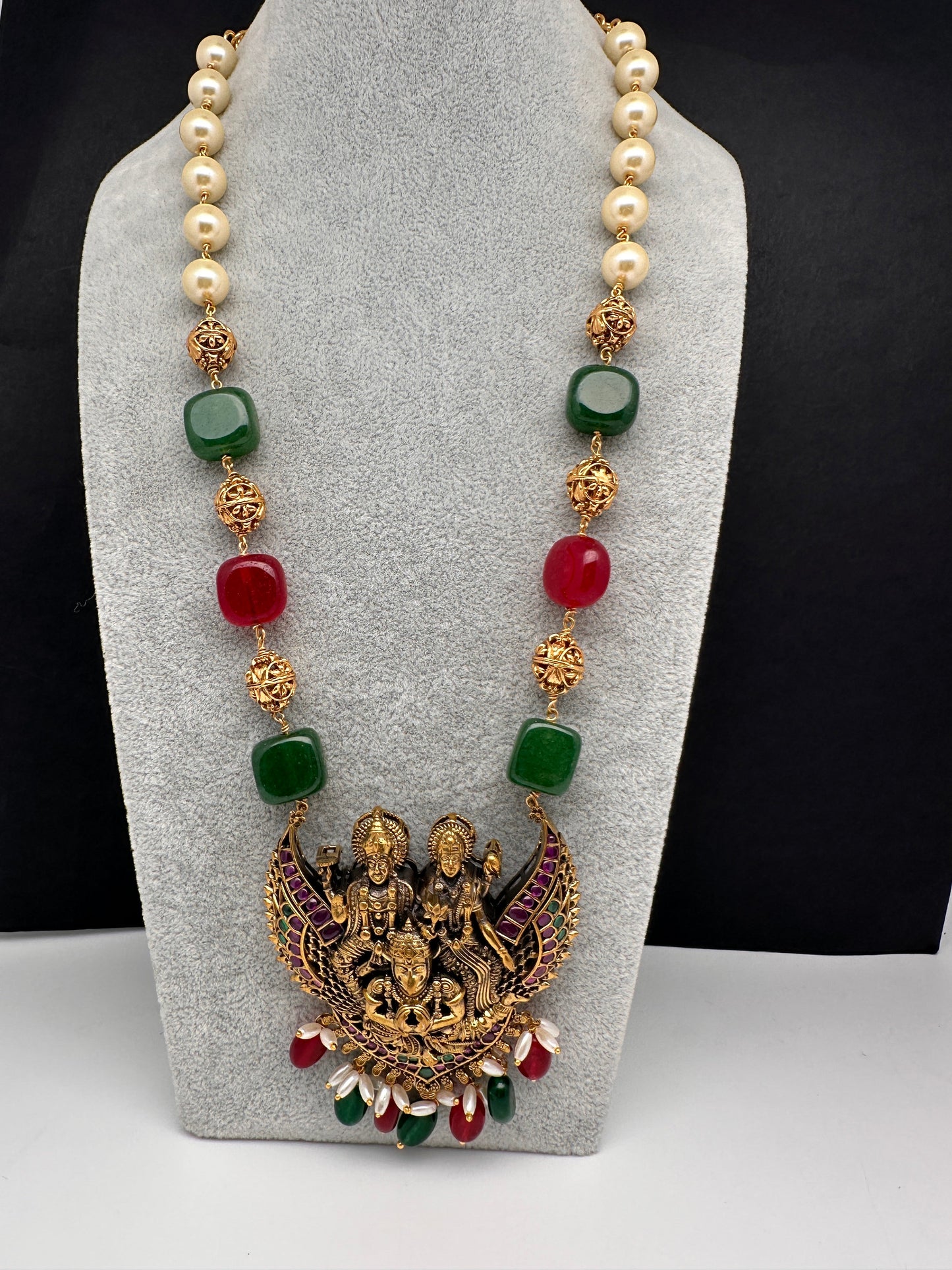 Antique Lord Vishnu Lakshmi and Garudda Beads Long Necklace