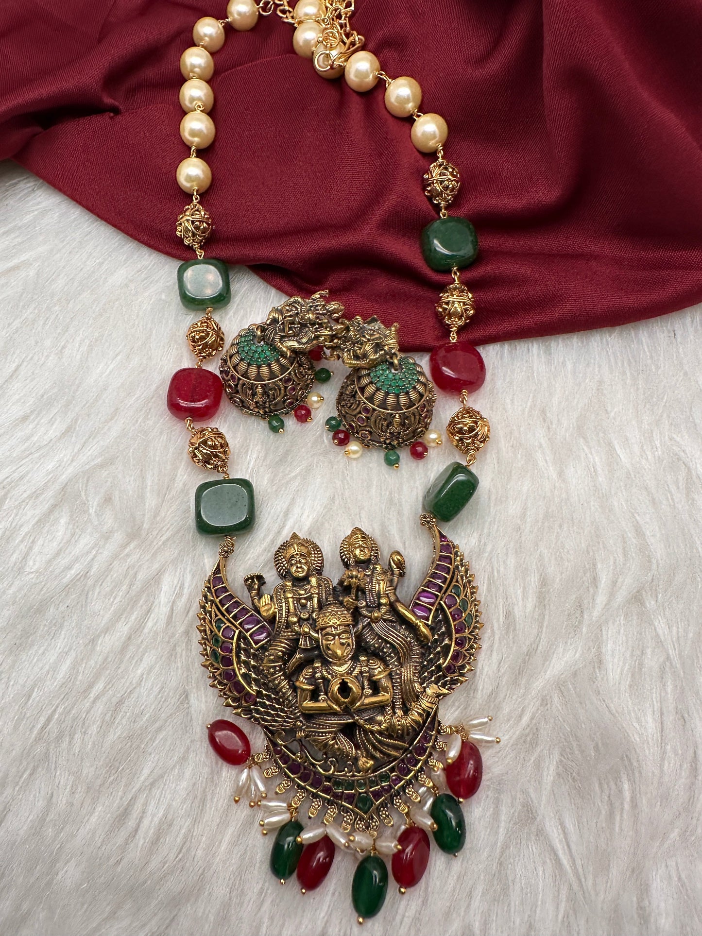 Antique Lord Vishnu Lakshmi and Garudda Beads Long Necklace