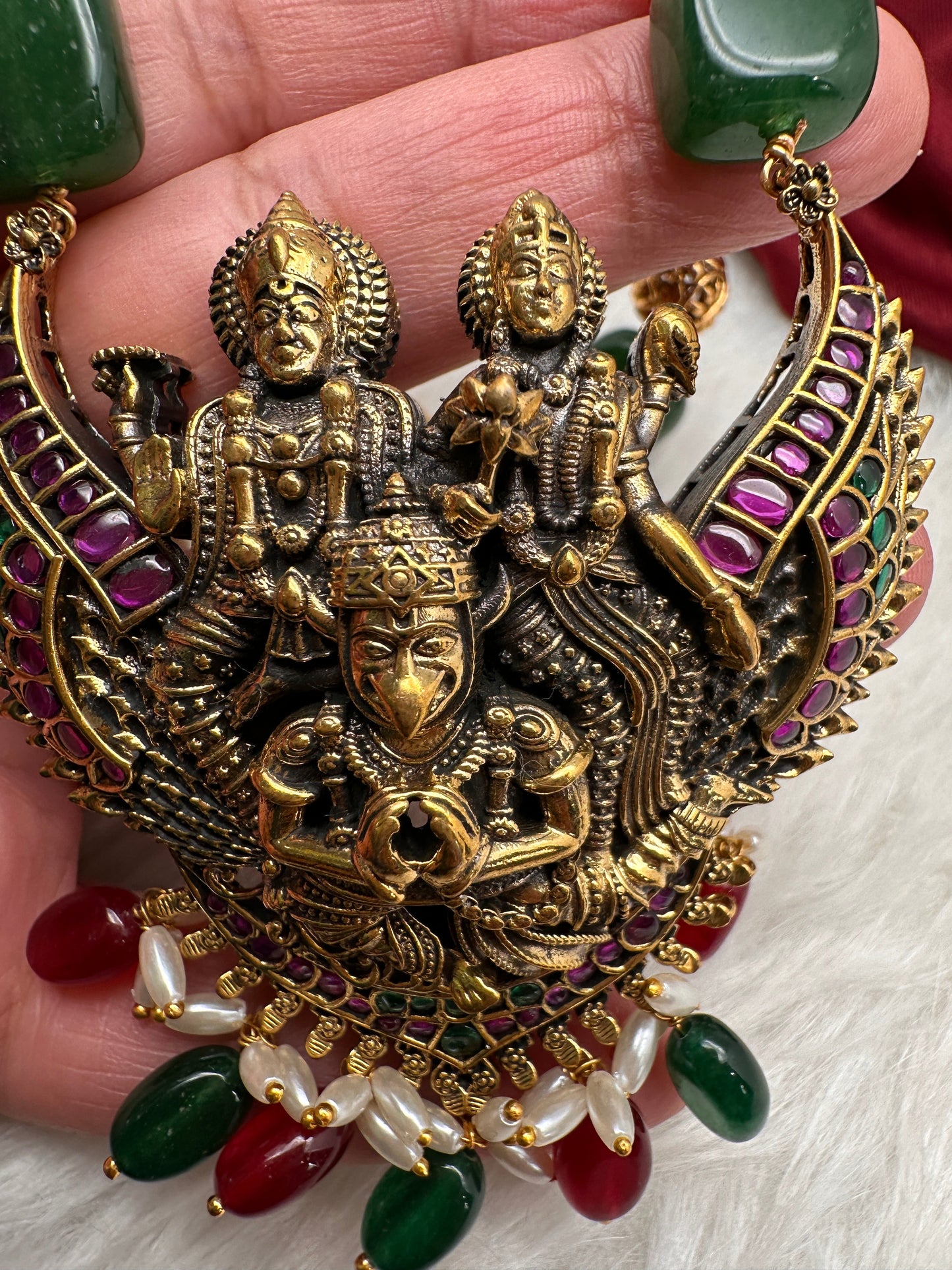 Antique Lord Vishnu Lakshmi and Garudda Beads Long Necklace