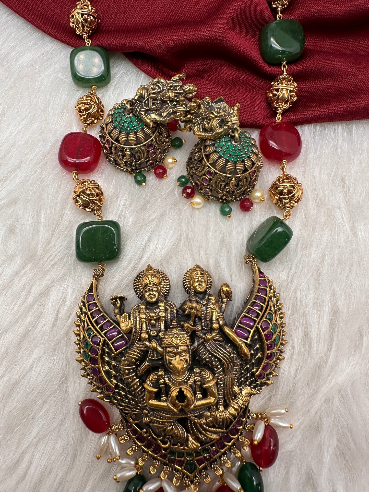 Antique Lord Vishnu Lakshmi and Garudda Beads Long Necklace