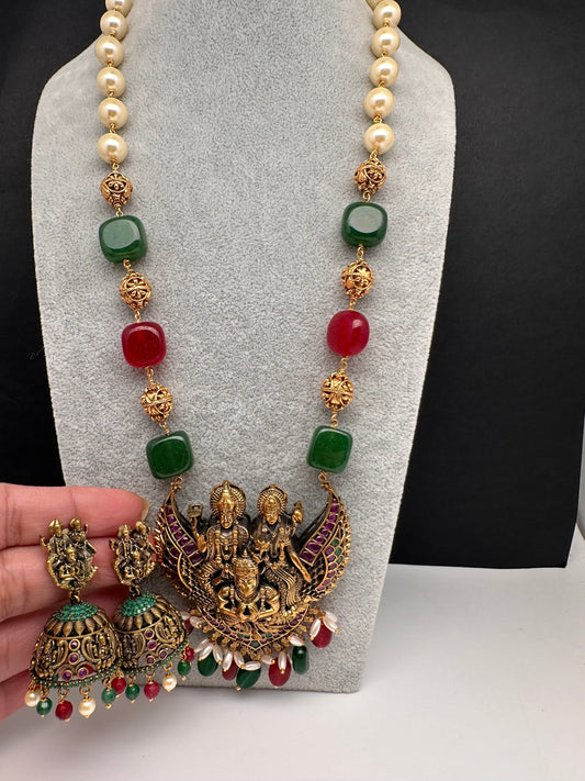 Antique Lord Vishnu Lakshmi and Garudda Beads Long Necklace