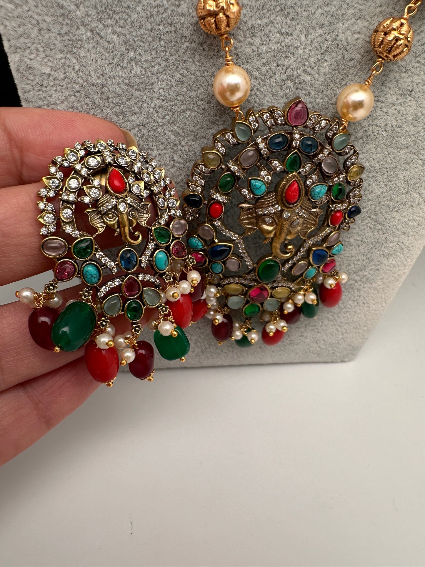 Ganesha Navratan Beads Long Necklace