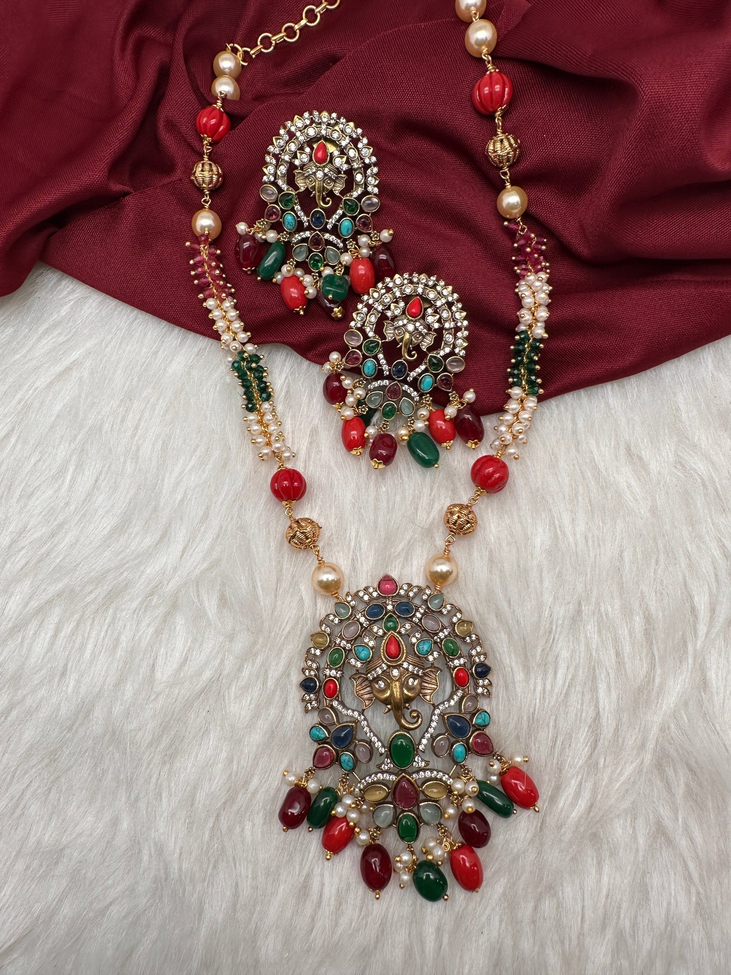 Ganesha Navratan Beads Long Necklace