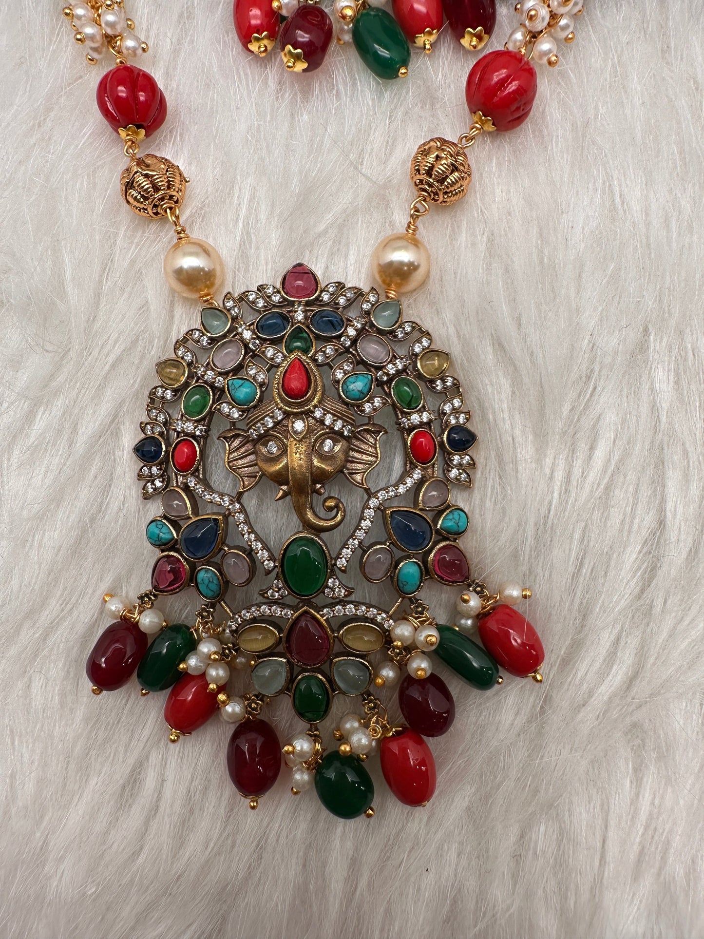 Ganesha Navratan Beads Long Necklace