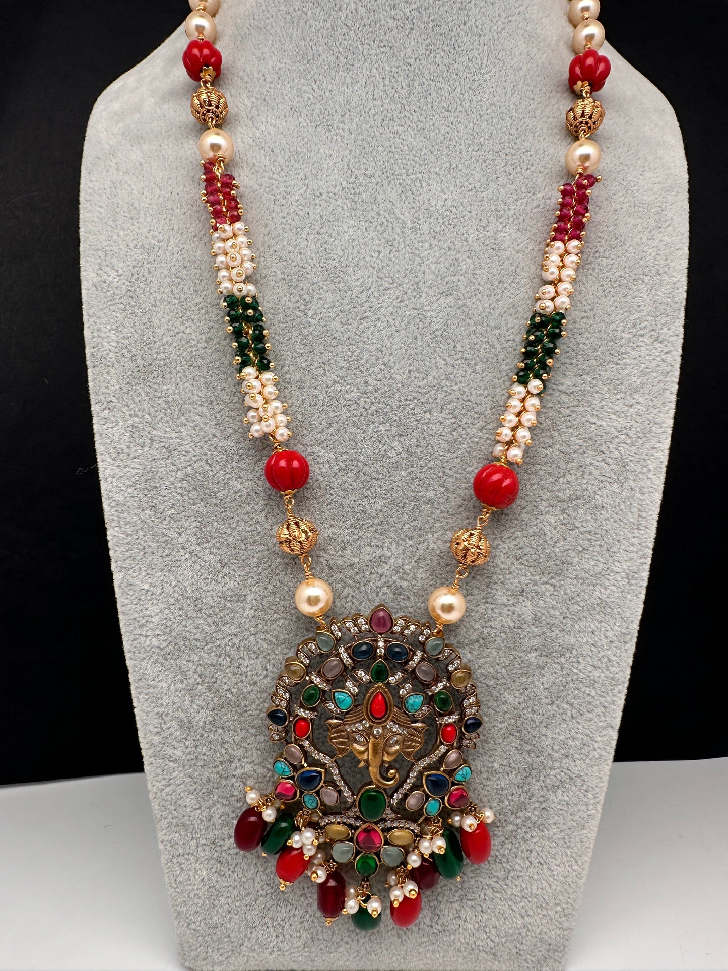Ganesha Navratan Beads Long Necklace