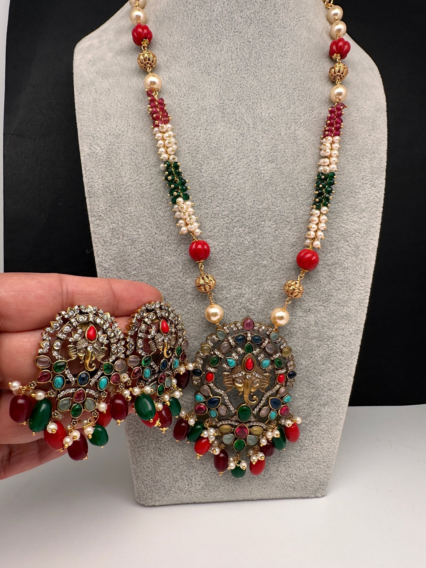 Ganesha Navratan Beads Long Necklace