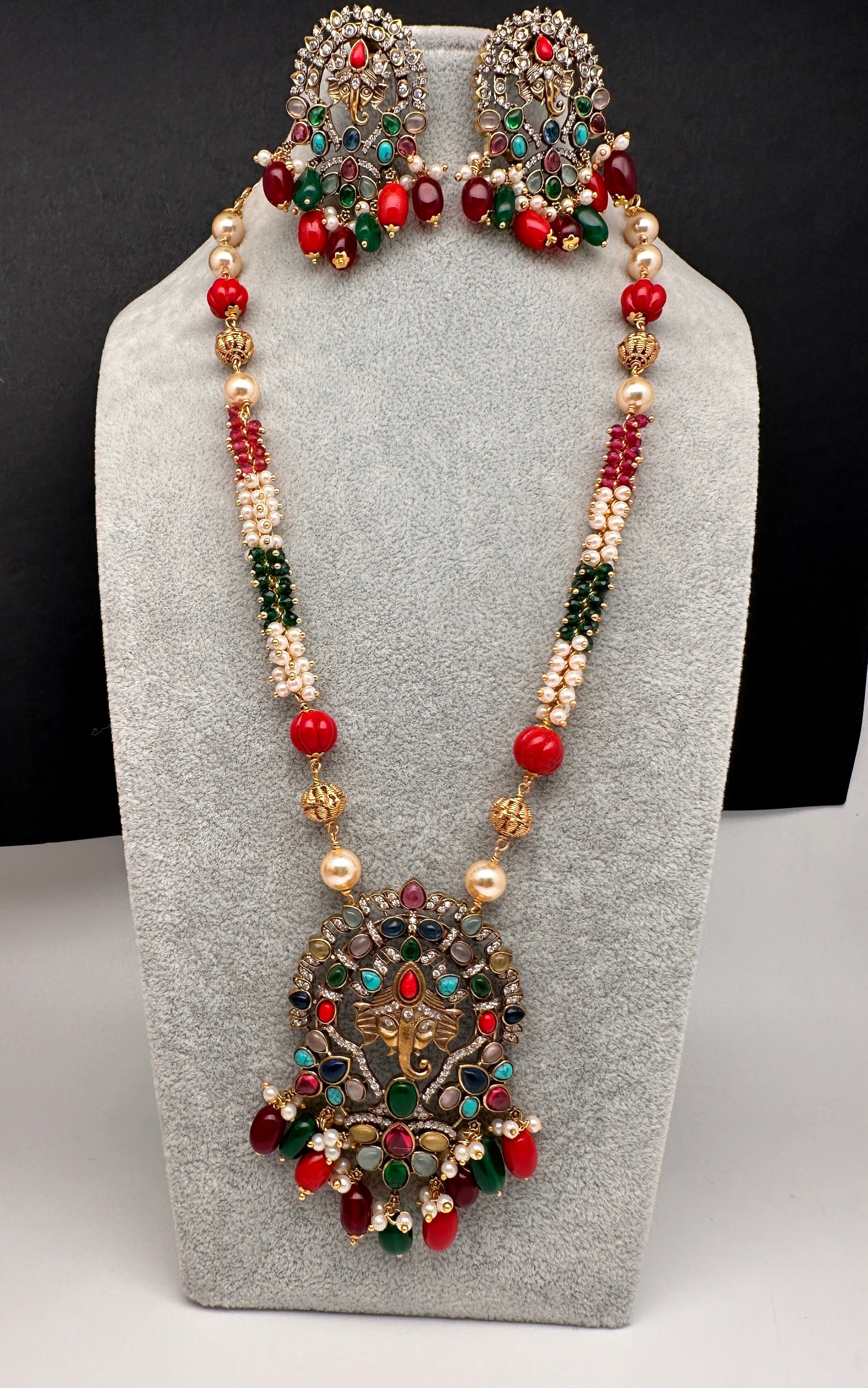 Ganesha Navratan Beads Long Necklace
